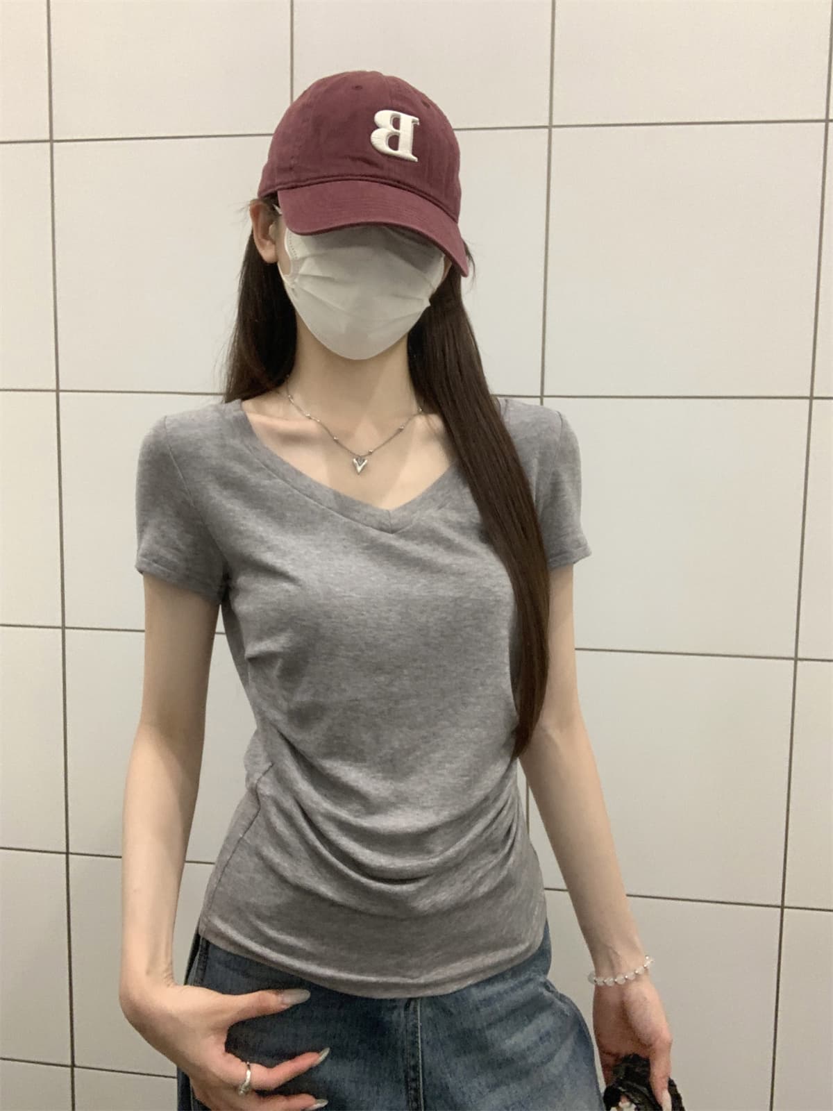 실사 정가 여름 한국 스타일 품격 몸매 가꾸기 핫걸 V넥 주름 허리 수축 라이 경기 서울 반팔 티셔츠 맨위 여성 상세 이미지 19