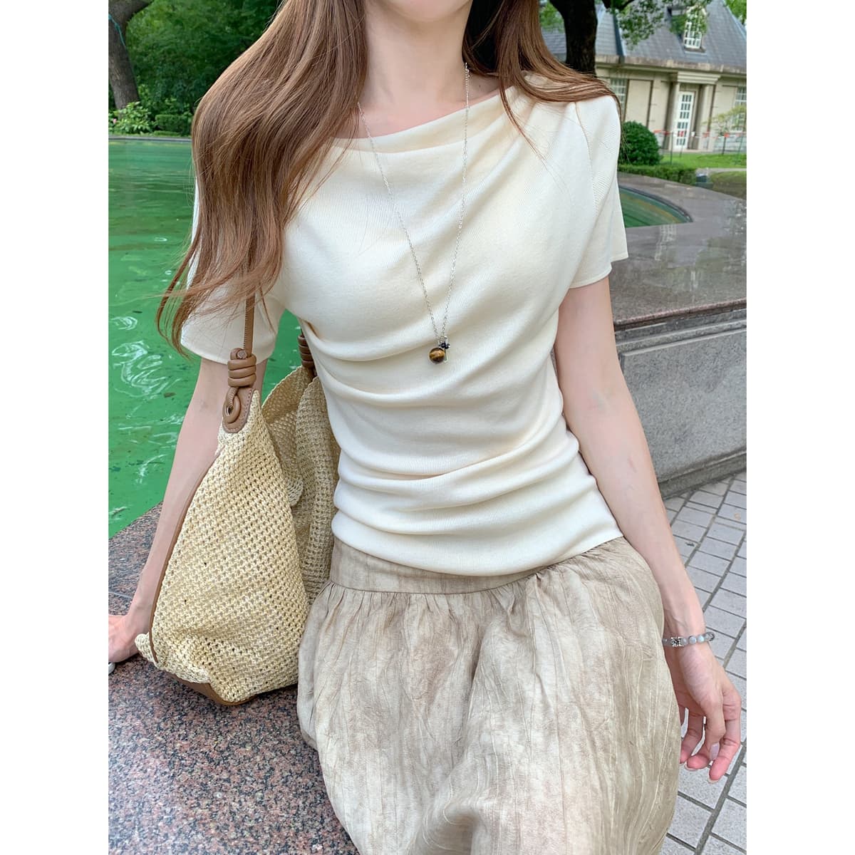 실사 정가 봄 여름 한국 스타일 순수한 욕망 흔들다 칼라 품격 부드러운 오프숄더 라이 경기 서울 니트 스웨터 반팔 맨위 이미지 3