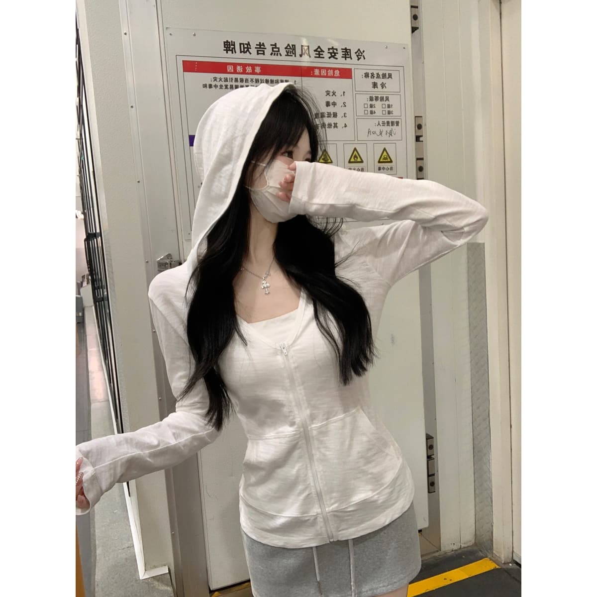 실사 정가 가을 한국 스타일 순수한 욕망 후드 주머니 다용도 단색 대나무 마디 면 지퍼 긴팔 카디건 코트 이미지 2