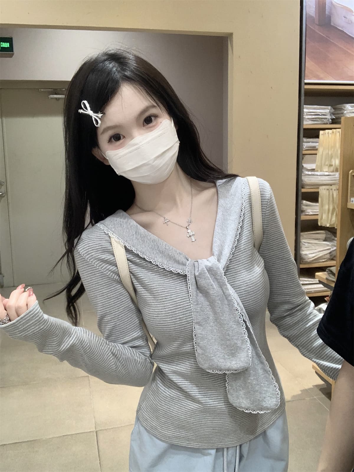 실사 정가 가을 한국 스타일 순수한 욕망 해군 칼라 배색 스트라이프 디자인 센스 연령 감소 순면 긴팔 맨위 여성 상세 이미지 15