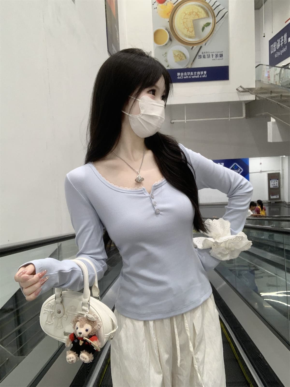 실사 정가 이른 가을 한국 스타일 순수한 욕망 레이스 레이스 광장 칼라 긍정적 인 어깨 몸매 가꾸기 긴팔 인사이드 가져 가라. 티셔츠 만나는 맨위 상세 이미지 3