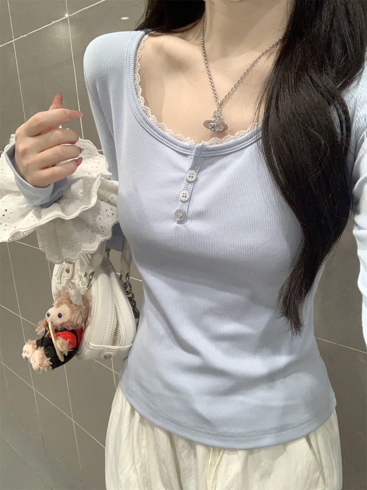 실사 정가 이른 가을 한국 스타일 순수한 욕망 레이스 레이스 광장 칼라 긍정적 인 어깨 몸매 가꾸기 긴팔 인사이드 가져 가라. 티셔츠 만나는 맨위 상세 이미지 14