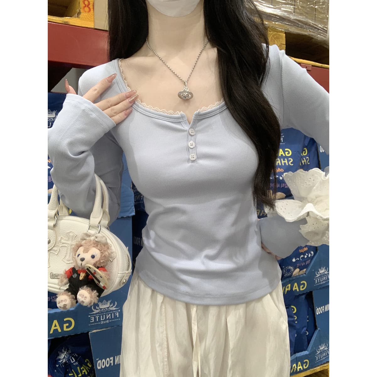 실사 정가 이른 가을 한국 스타일 순수한 욕망 레이스 레이스 광장 칼라 긍정적 인 어깨 몸매 가꾸기 긴팔 인사이드 가져 가라. 티셔츠 만나는 맨위 이미지 2