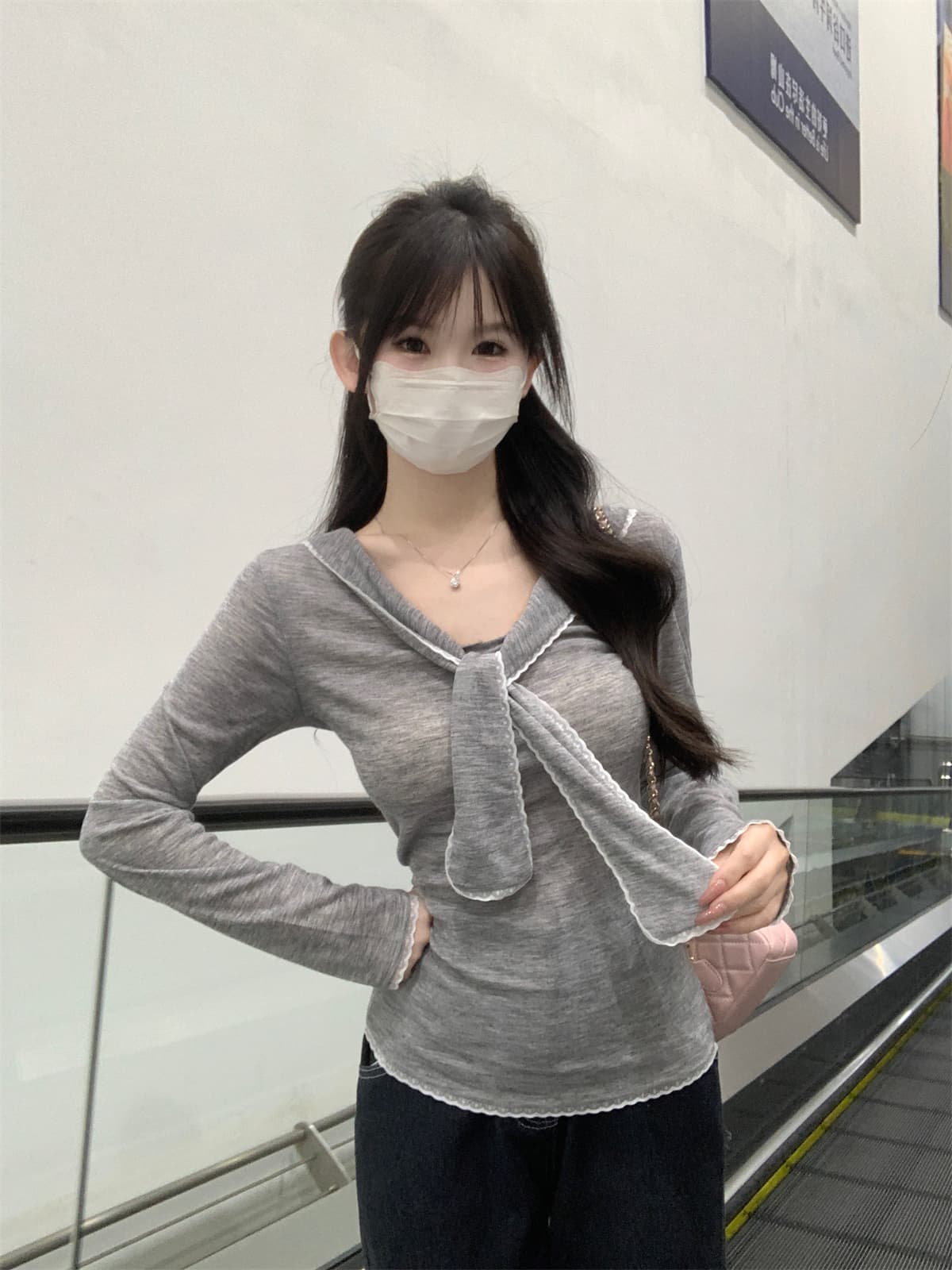 실사 정가 가을 한국 스타일 학원 스타일 해군 칼라 스트랩 몸매 가꾸기 연령 감소 슬림해 보이는 긴팔 티셔츠 만나는 맨위 상세 이미지 4