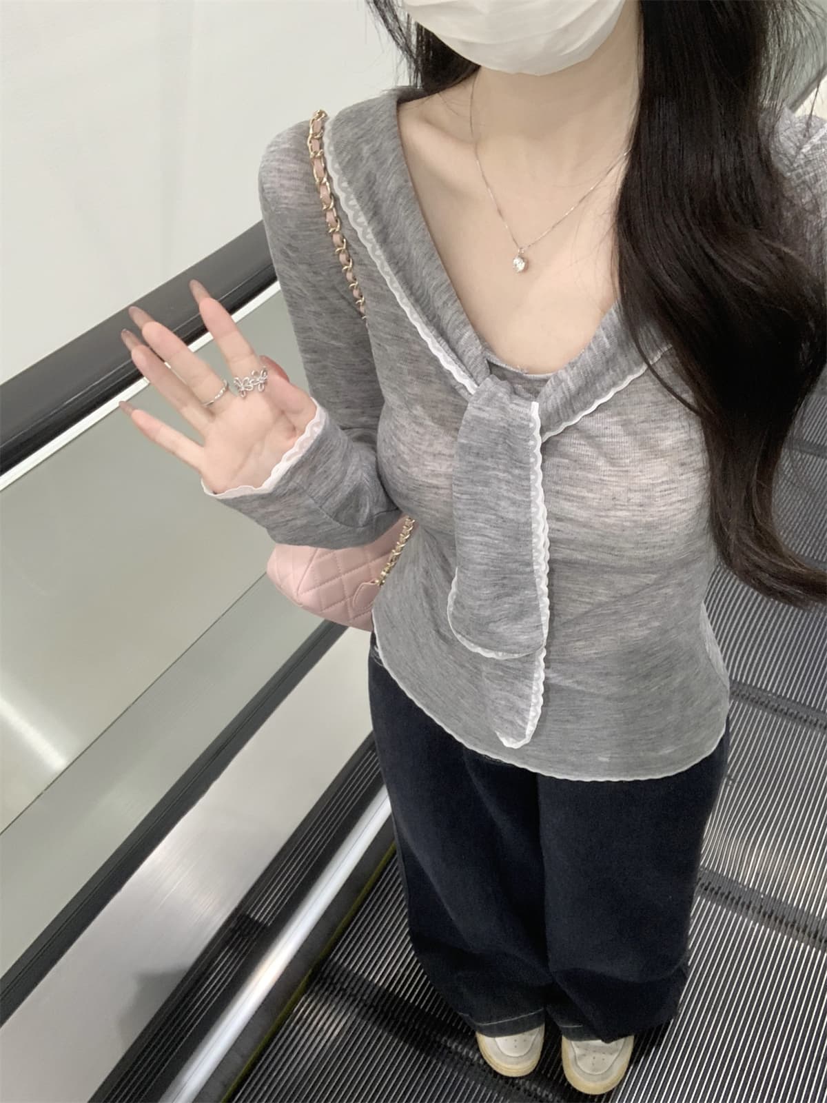 실사 정가 가을 한국 스타일 학원 스타일 해군 칼라 스트랩 몸매 가꾸기 연령 감소 슬림해 보이는 긴팔 티셔츠 만나는 맨위 상세 이미지 6