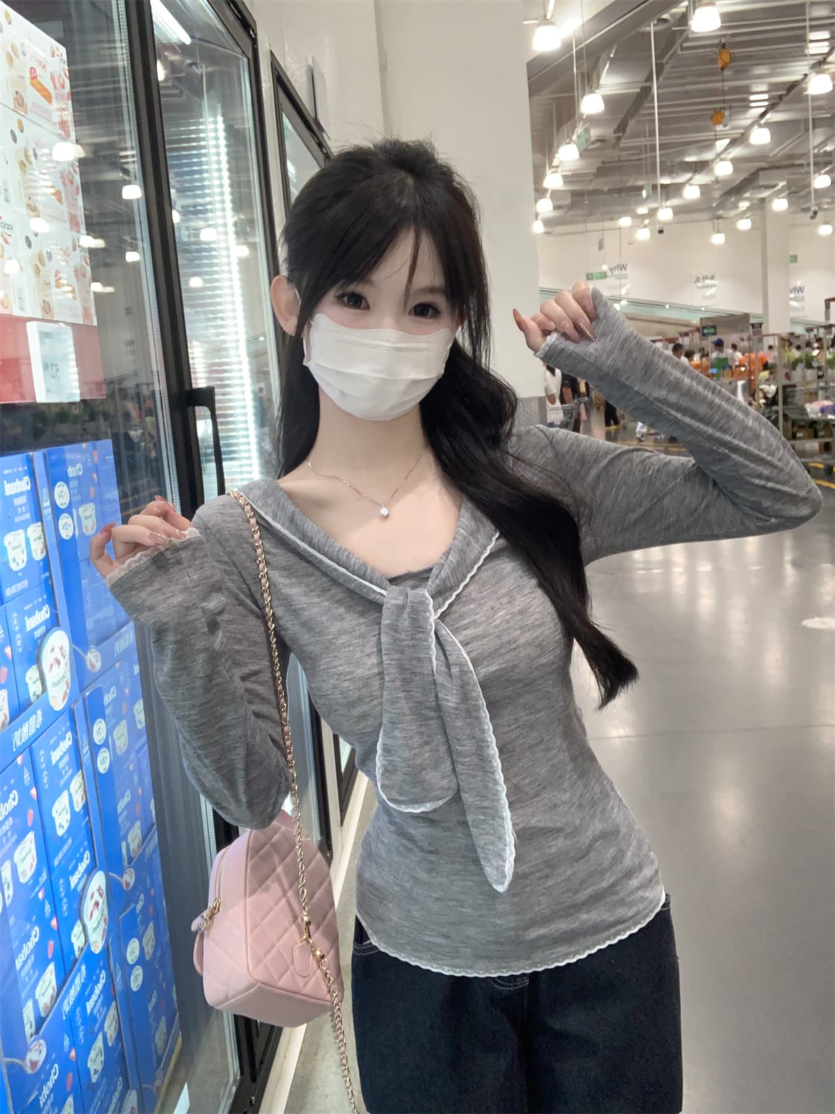 실사 정가 가을 한국 스타일 학원 스타일 해군 칼라 스트랩 몸매 가꾸기 연령 감소 슬림해 보이는 긴팔 티셔츠 만나는 맨위 상세 이미지 9