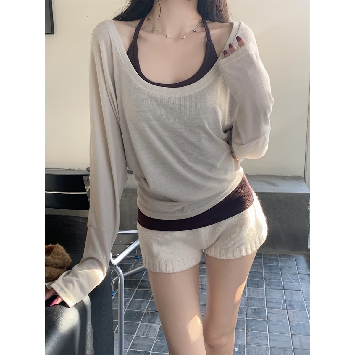 실사 정가 가을 한국 스타일 라이 경기 서울 주간 실크 얇은 스타일 느긋한 루즈핏 스택 착용 긴팔 티셔츠 기본 셔츠 맨위 이미지 5