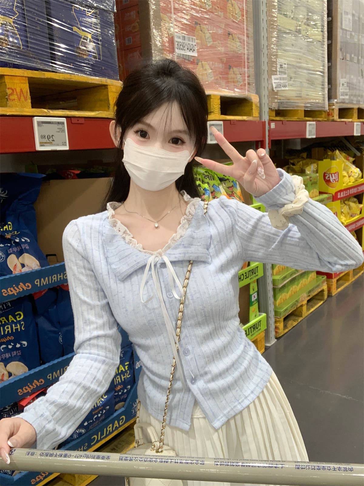 실사 정가 가을 한국 스타일 디자인 센스 페이크 레이어드 레이스 조각 나비 넥타이 긴팔 티셔츠 맨위 여성 상세 이미지 12