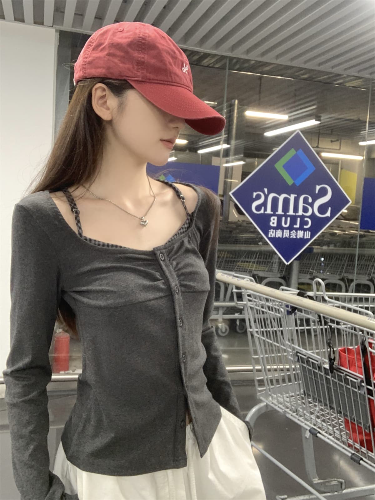 실사 정가 가을 한국 스타일 품격 몸매 가꾸기 핫걸 체크무늬 패치워크 행침 목 광장 칼라 긴팔 만나는 티셔츠 맨위 상세 이미지 28