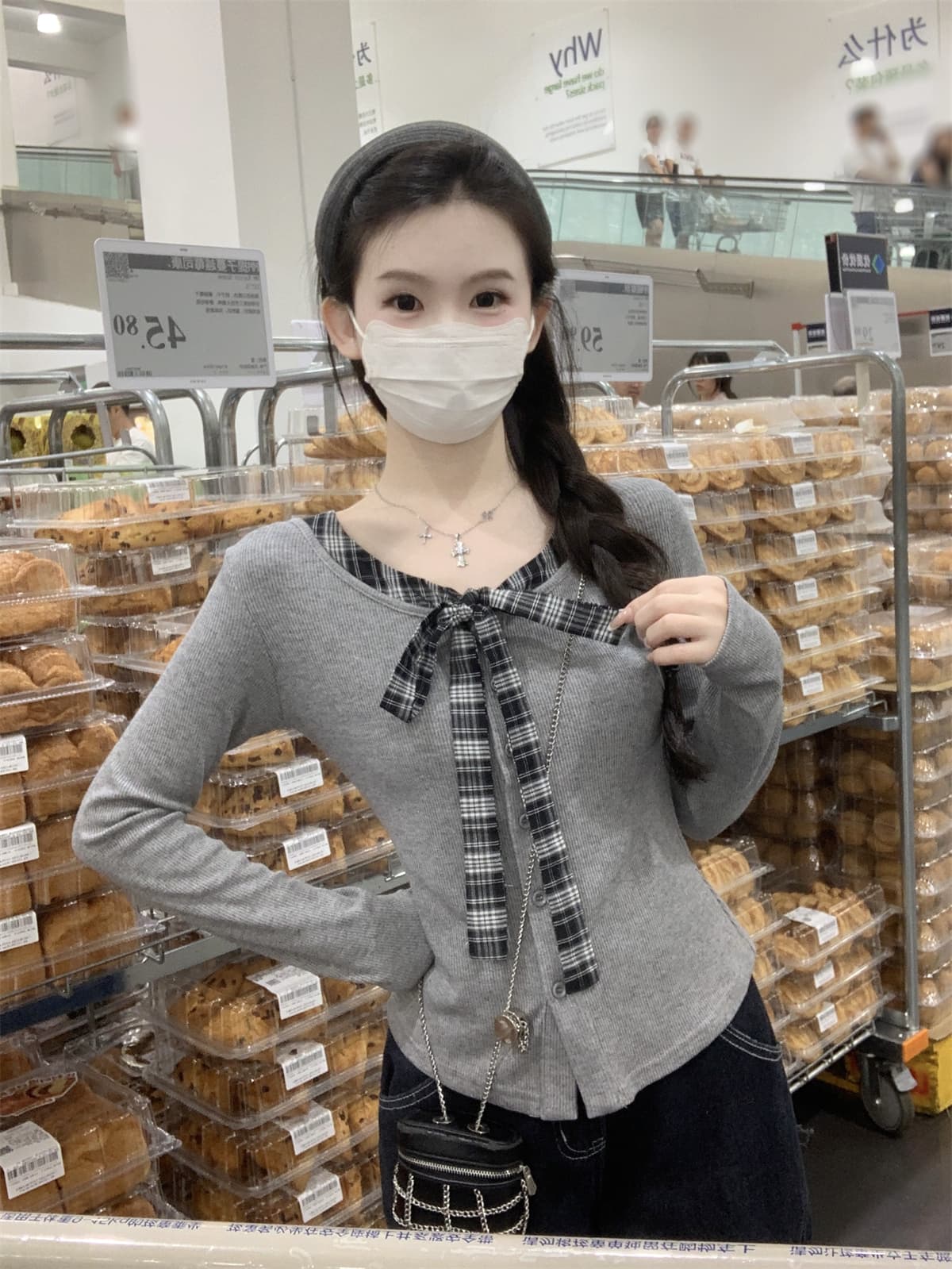 실사 정가 가을 한국 스타일 체크무늬 패치워크 페이크 레이어드 나비 넥타이 연령 감소 긴팔 오픈 가디건 티셔츠 맨위 상세 이미지 6