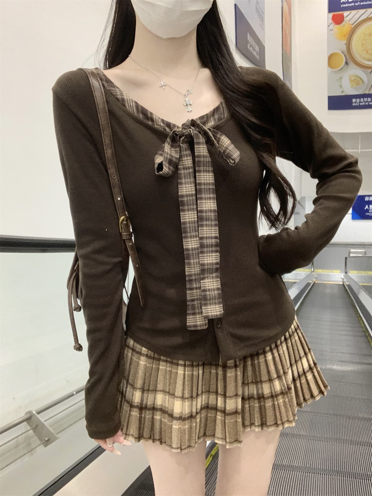 실사 정가 가을 한국 스타일 체크무늬 패치워크 페이크 레이어드 나비 넥타이 연령 감소 긴팔 오픈 가디건 티셔츠 맨위 상세 이미지 19
