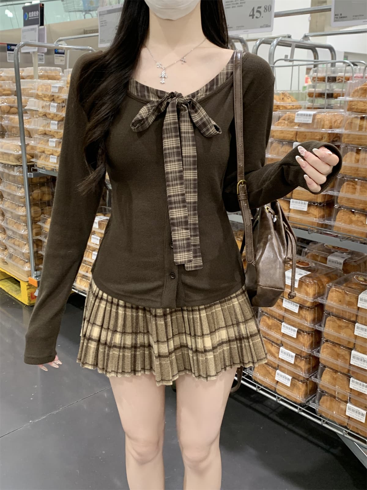 실사 정가 가을 한국 스타일 체크무늬 패치워크 페이크 레이어드 나비 넥타이 연령 감소 긴팔 오픈 가디건 티셔츠 맨위 상세 이미지 21