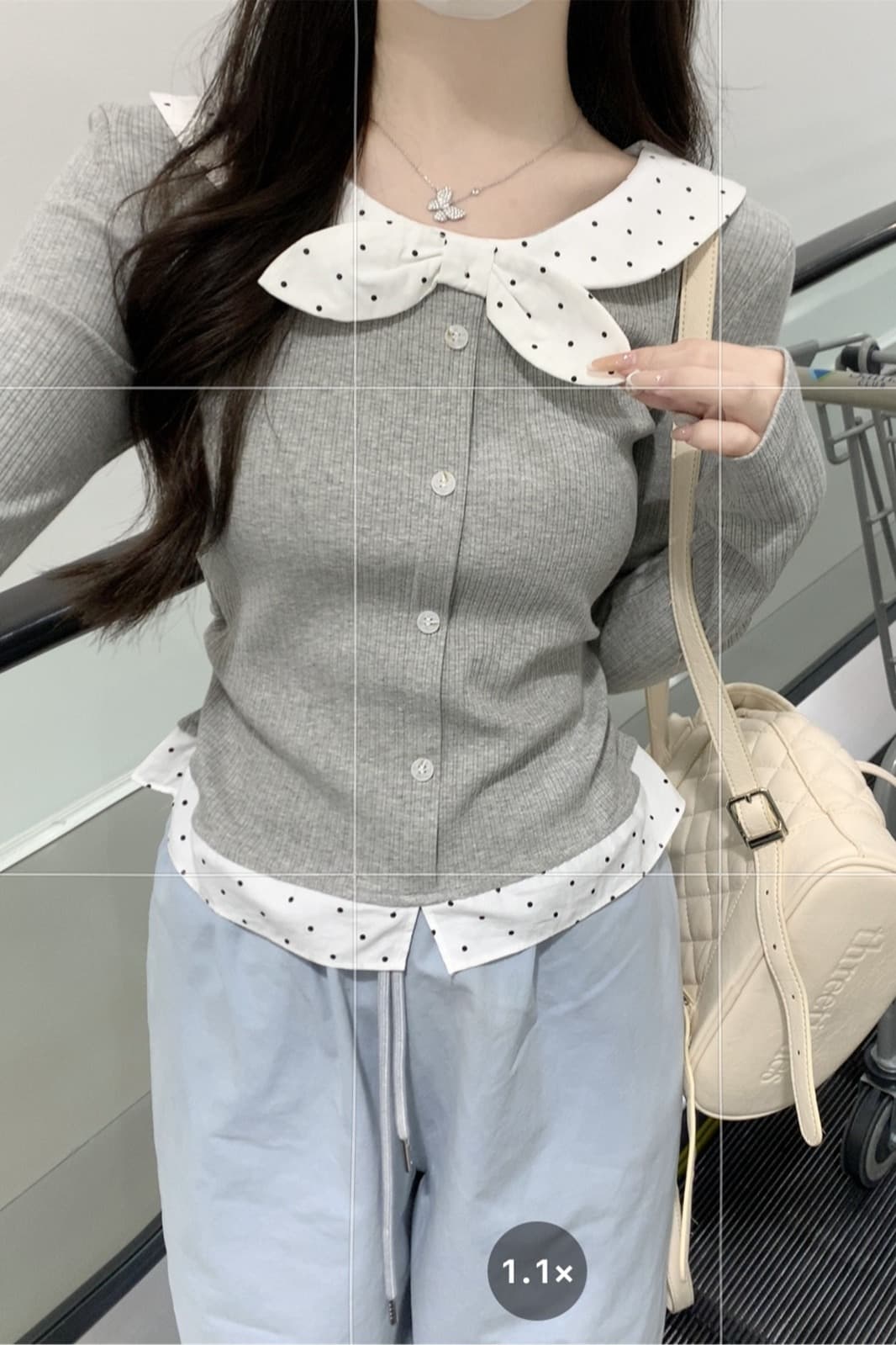실사 정가 가을 한국 스타일 페이크 레이어드 패치워크 도트 무늬 u 칼라 나비 매듭 디자인 긴팔 만나는 티셔츠 맨위 이미지 6