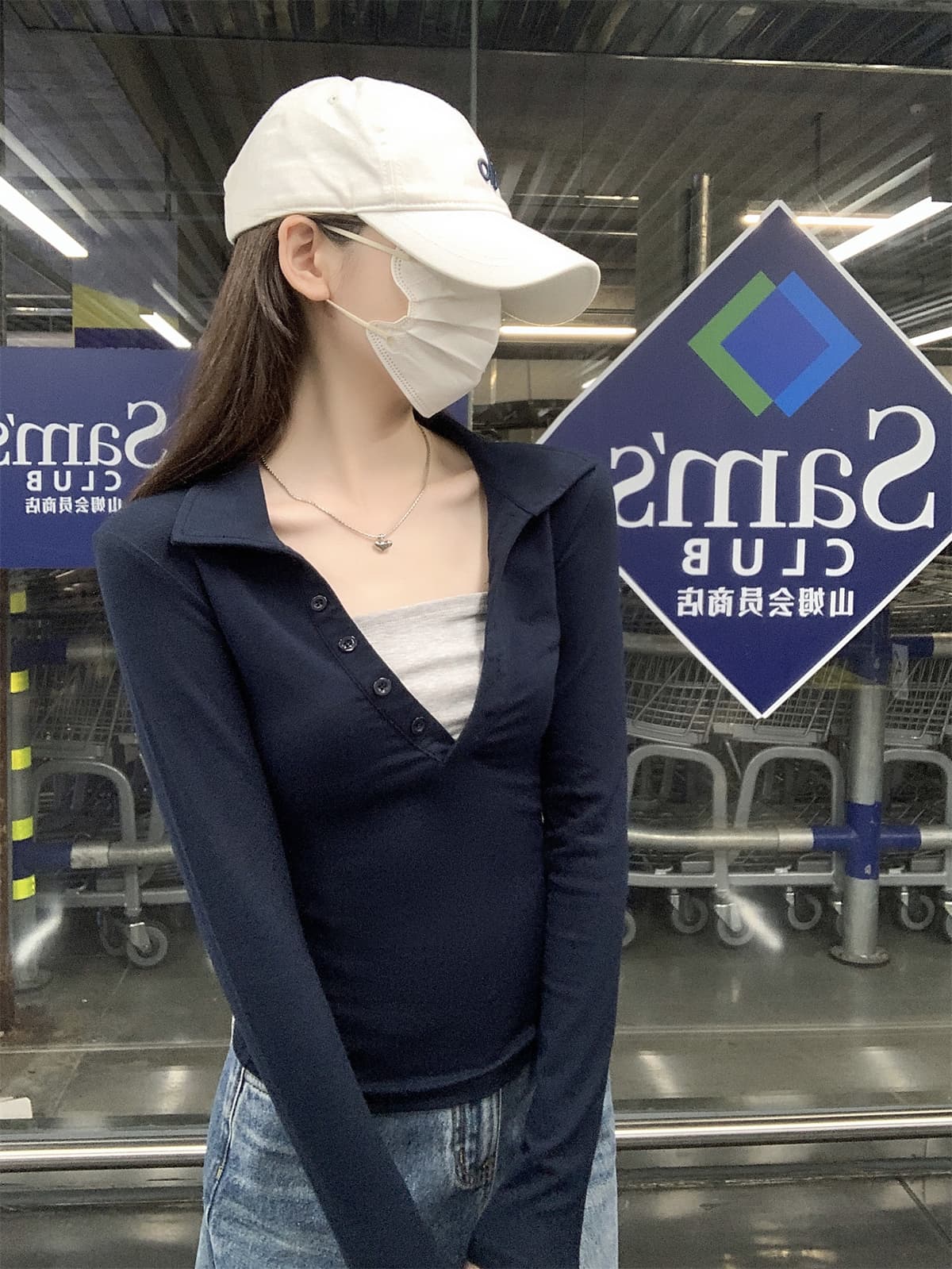 실사 정가 가을 한국 스타일 품격 몸매 가꾸기 단추 페이크 레이어드 POLO 칼라 긍정적 인 어깨 긴팔 인사이드 가져 가라. 티셔츠 맨위 상세 이미지 15