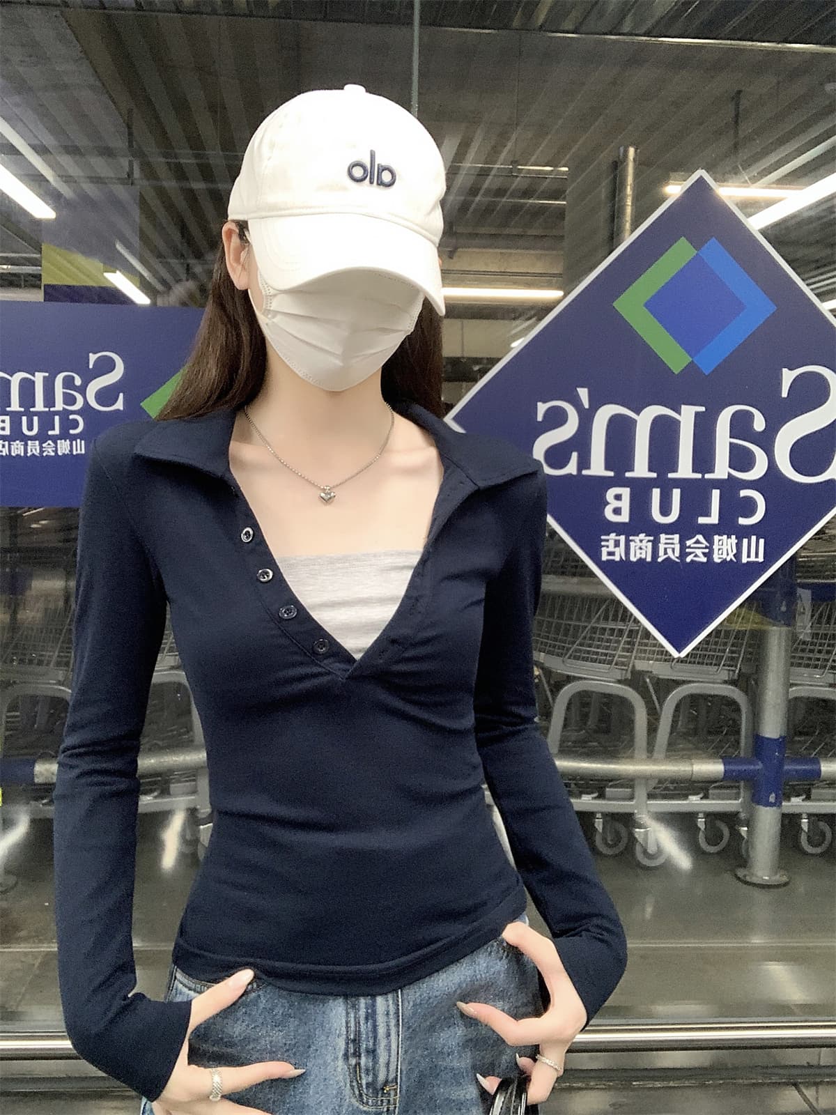 실사 정가 가을 한국 스타일 품격 몸매 가꾸기 단추 페이크 레이어드 POLO 칼라 긍정적 인 어깨 긴팔 인사이드 가져 가라. 티셔츠 맨위 상세 이미지 16