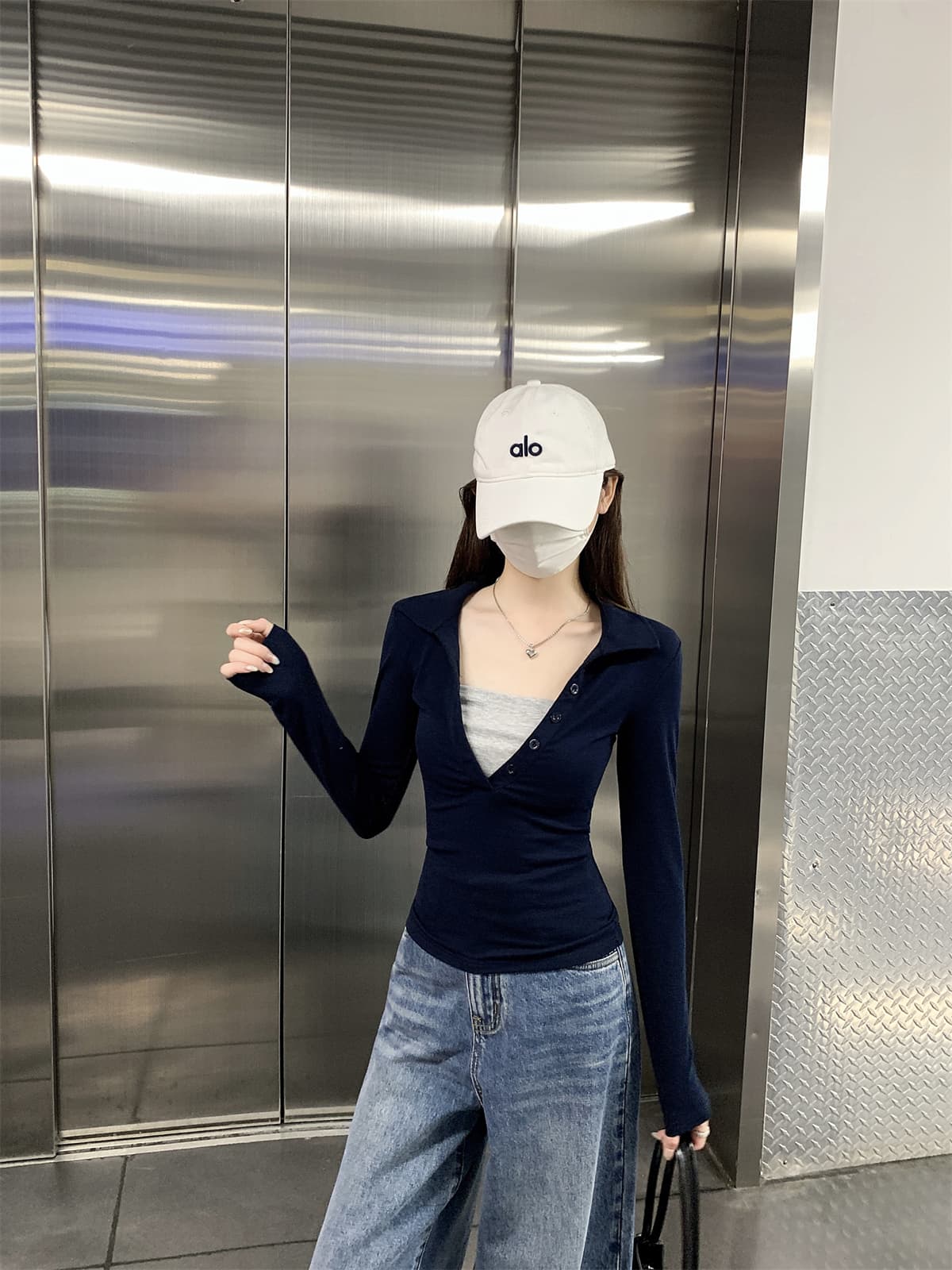 실사 정가 가을 한국 스타일 품격 몸매 가꾸기 단추 페이크 레이어드 POLO 칼라 긍정적 인 어깨 긴팔 인사이드 가져 가라. 티셔츠 맨위 상세 이미지 18