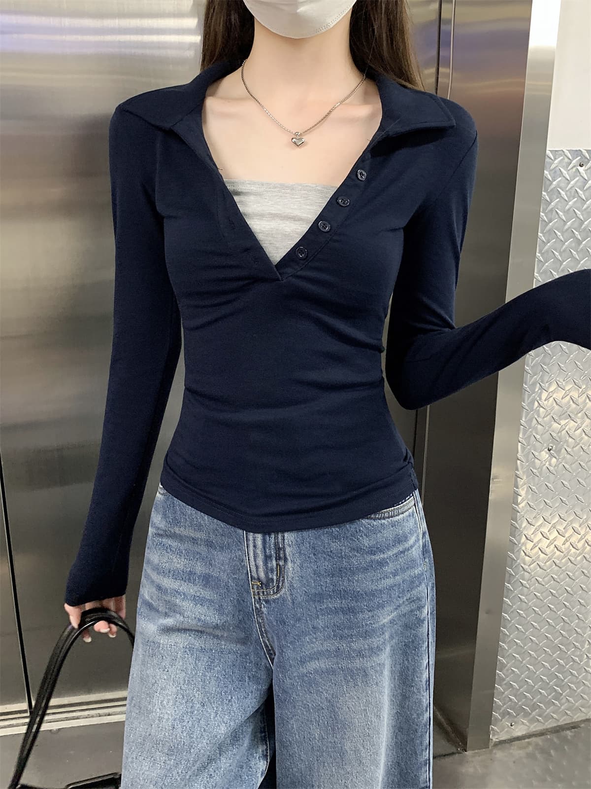 실사 정가 가을 한국 스타일 품격 몸매 가꾸기 단추 페이크 레이어드 POLO 칼라 긍정적 인 어깨 긴팔 인사이드 가져 가라. 티셔츠 맨위 상세 이미지 22