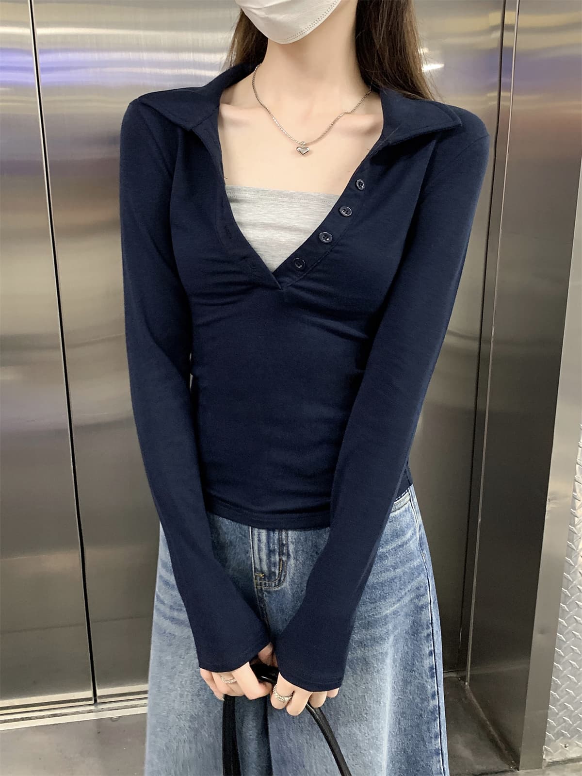 실사 정가 가을 한국 스타일 품격 몸매 가꾸기 단추 페이크 레이어드 POLO 칼라 긍정적 인 어깨 긴팔 인사이드 가져 가라. 티셔츠 맨위 상세 이미지 23