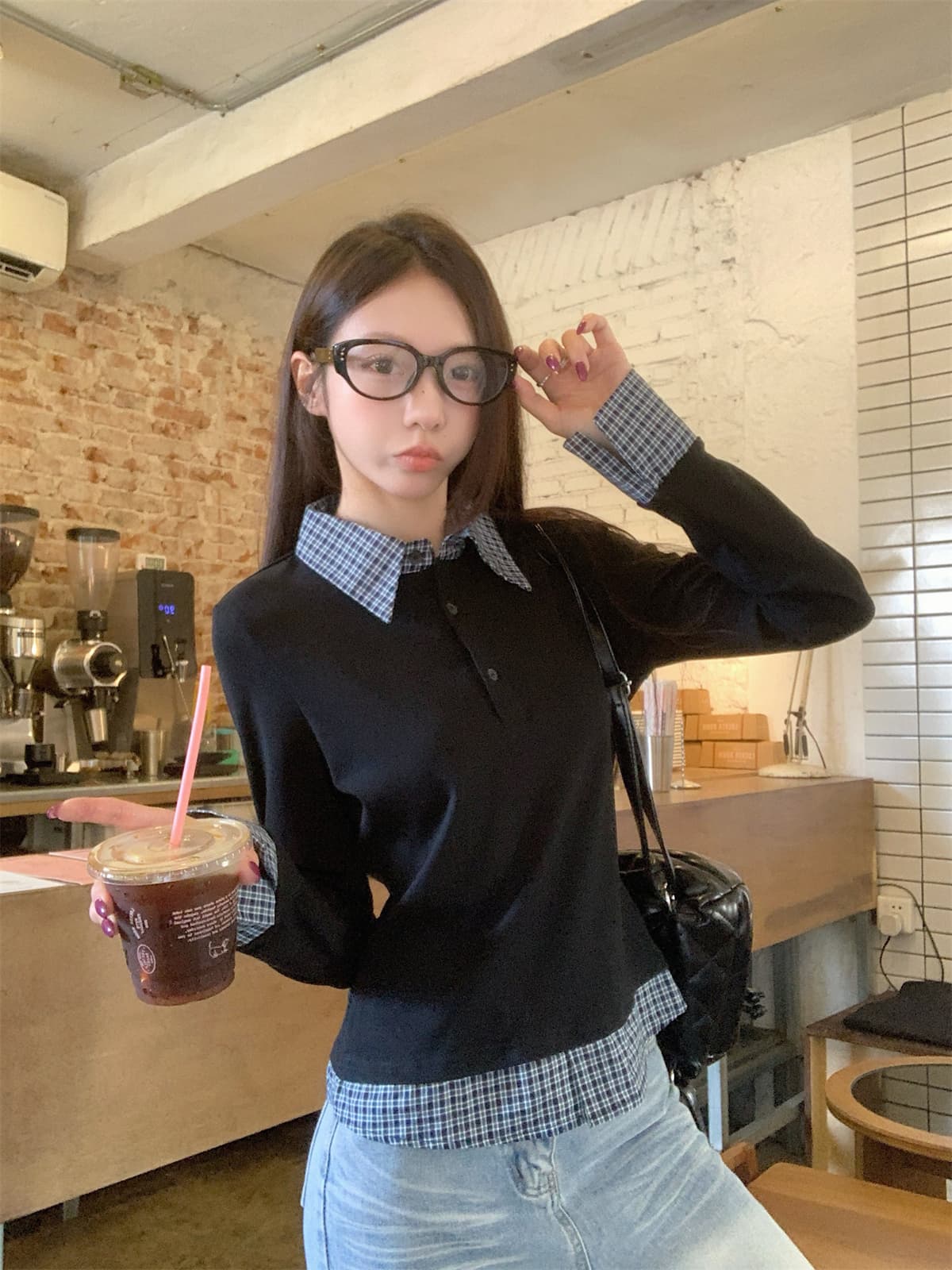 실사 정가 가을 겨울 한국 스타일 레트로 POLO 칼라 체크무늬 패치워크 페이크 레이어드 허리 수축 긴팔 만나는 티셔츠 맨위 상세 이미지 6