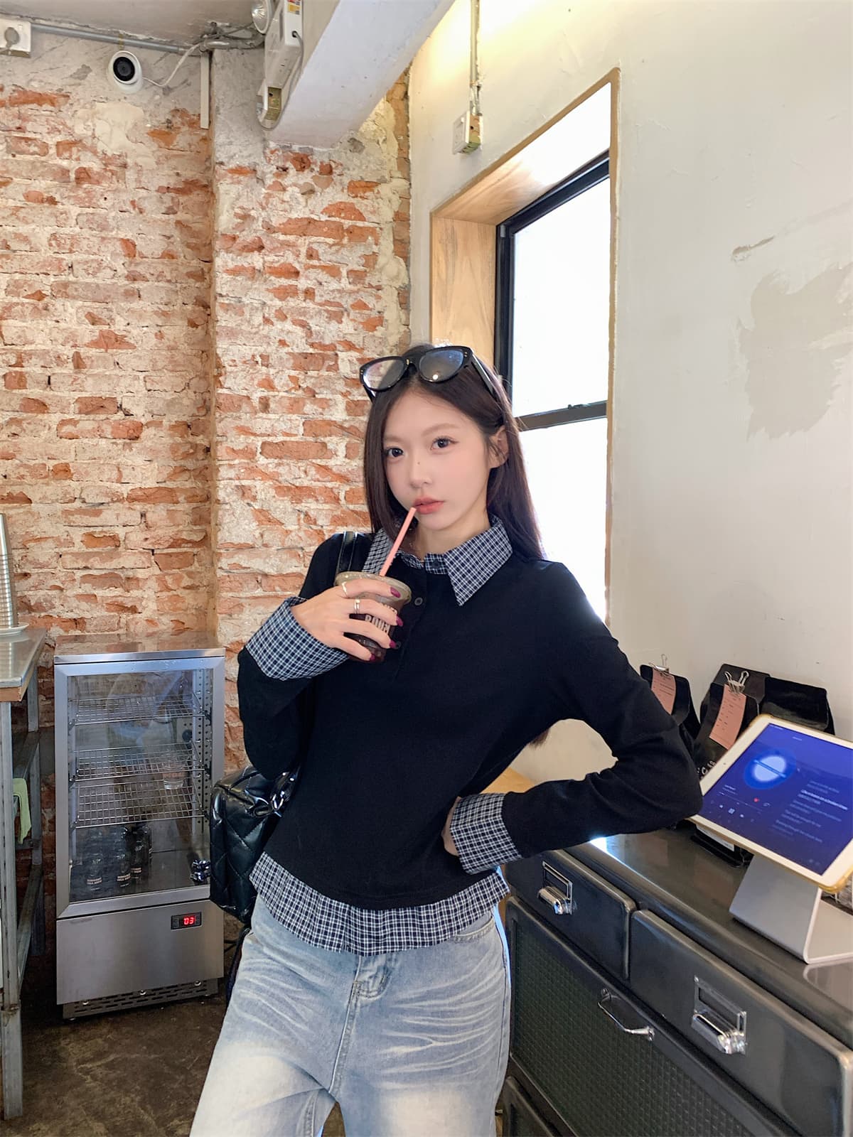 실사 정가 가을 겨울 한국 스타일 레트로 POLO 칼라 체크무늬 패치워크 페이크 레이어드 허리 수축 긴팔 만나는 티셔츠 맨위 상세 이미지 8