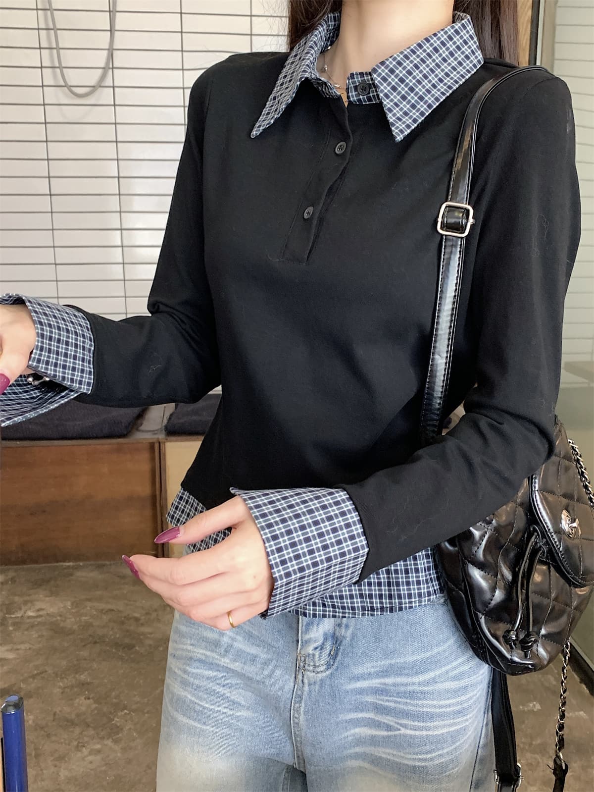 실사 정가 가을 겨울 한국 스타일 레트로 POLO 칼라 체크무늬 패치워크 페이크 레이어드 허리 수축 긴팔 만나는 티셔츠 맨위 상세 이미지 12