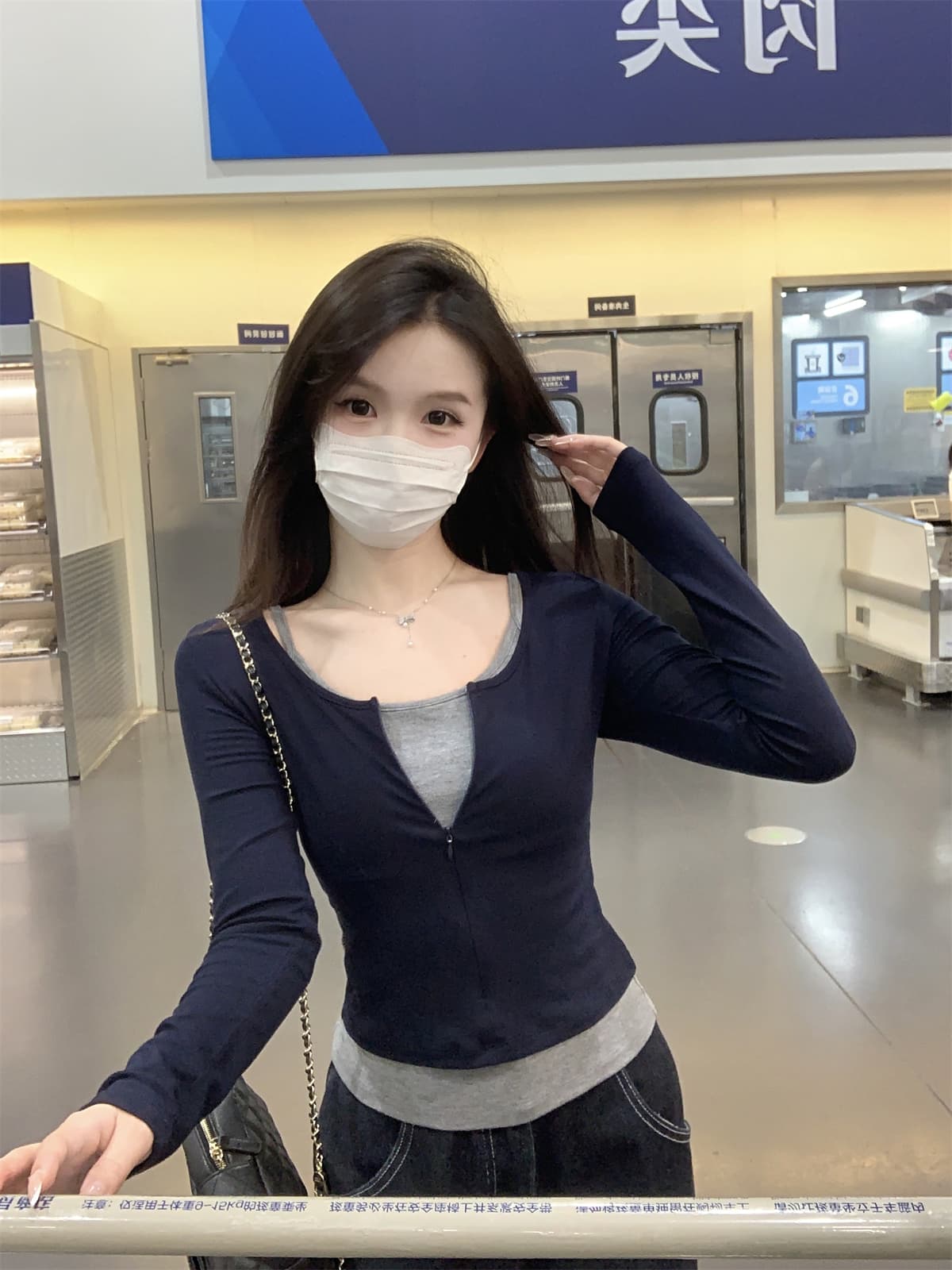 실사 정가 가을 겨울 한국 스타일 순수한 욕망 몸매 가꾸기 배색 투피스 세트 스택 착용 지퍼 긴팔 티셔츠 맨위 여성 상세 이미지 14