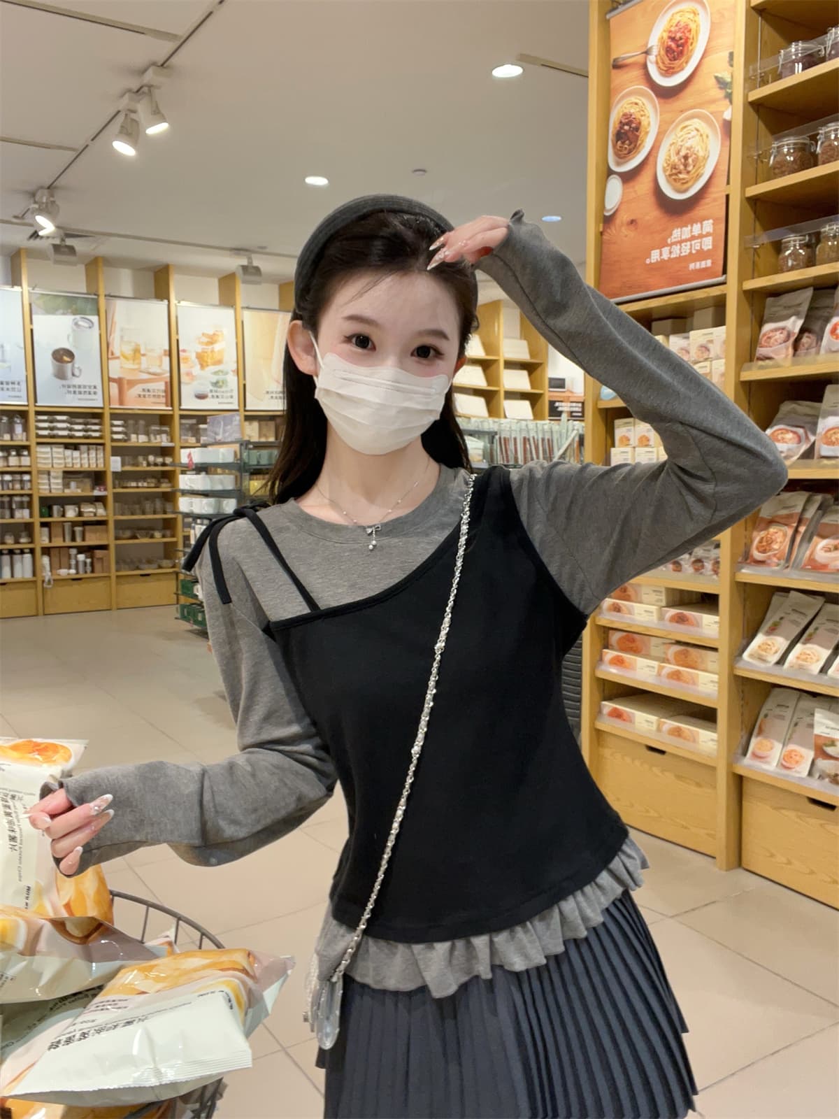 실사 정가 가을 겨울 한국 스타일 페이크 레이어드 라운드 넥 레이스 몸매 가꾸기 스트랩 인사이드 가져 가라. 긴팔 티셔츠 기본 셔츠 맨위 상세 이미지 23