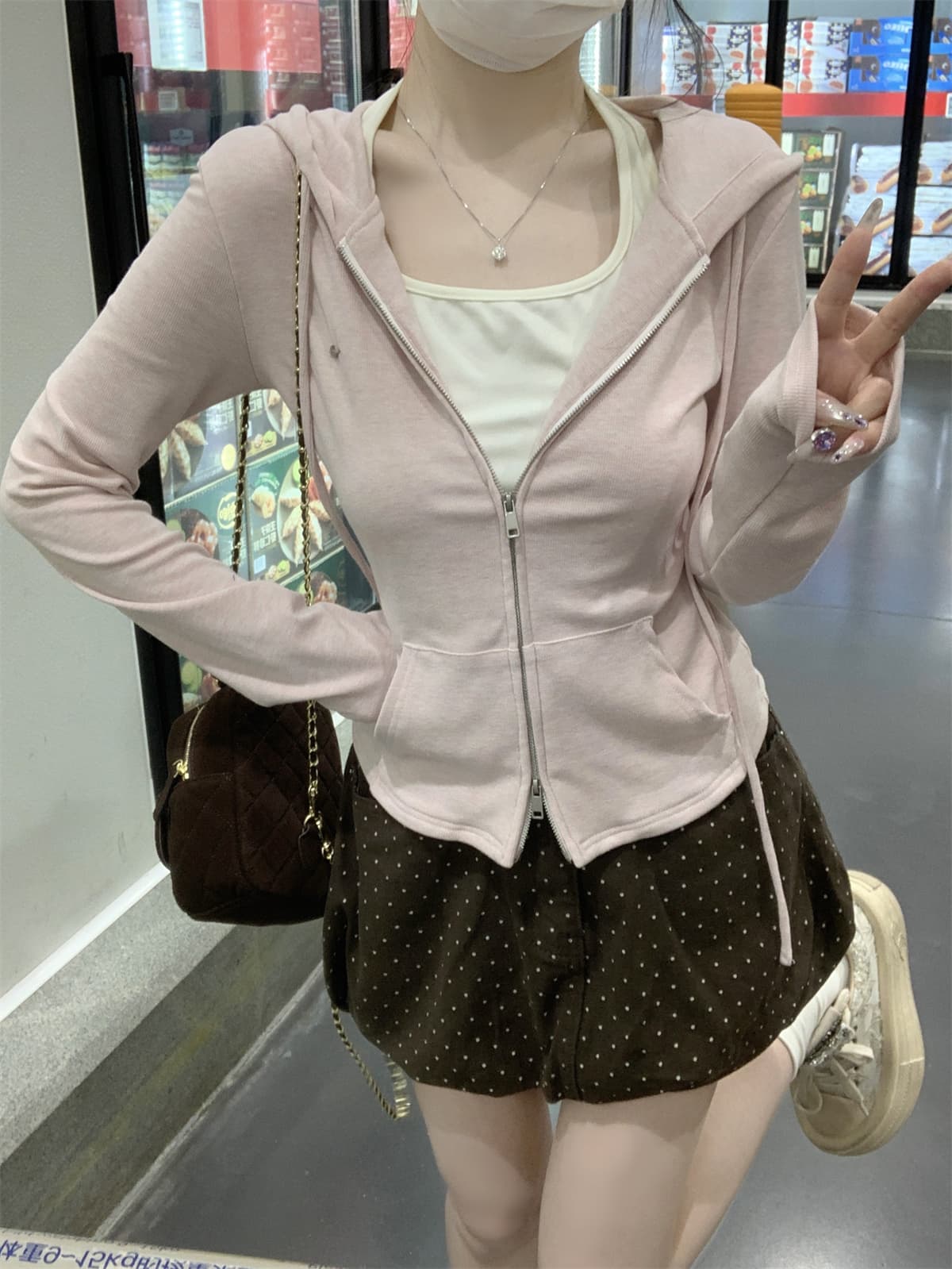 실사 정가 가을 겨울 한국 스타일 페이크 레이어드 행침 목 후드 오픈 가디건 더블 지퍼 몸매 가꾸기 긴팔 외부 잡아라. 의류 여성 상세 이미지 25