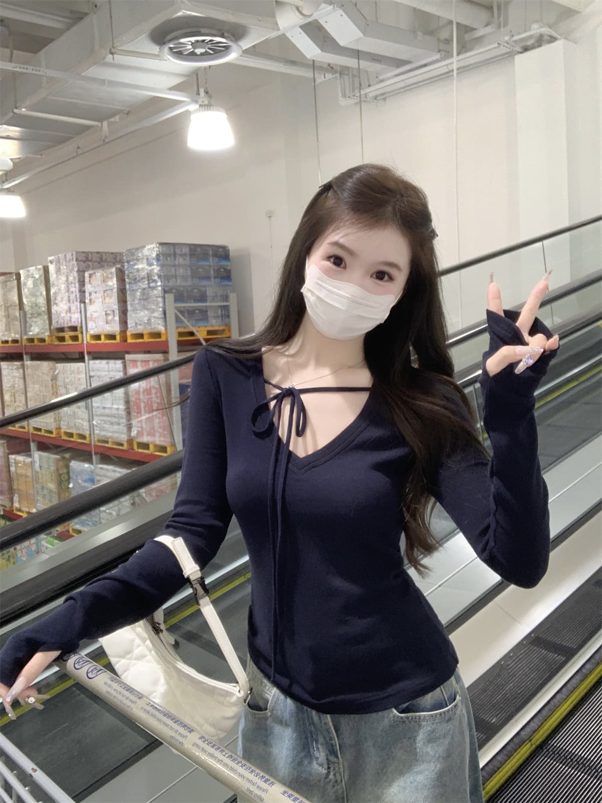 실사 정가 가을 겨울 한국 스타일 몸매 가꾸기 핫걸 V넥 레이스업 양모 인사이드 가져 가라. 긴팔 티셔츠 기본 셔츠 맨위 여성 상세 이미지 6
