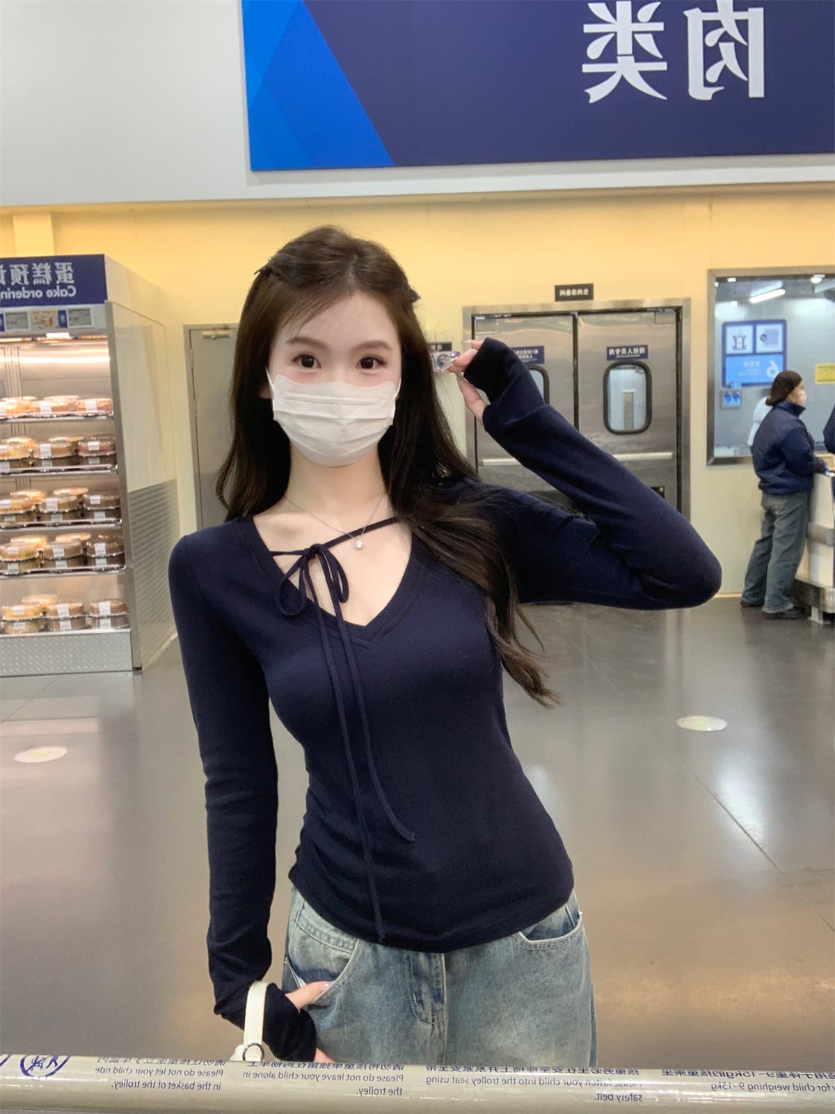 실사 정가 가을 겨울 한국 스타일 몸매 가꾸기 핫걸 V넥 레이스업 양모 인사이드 가져 가라. 긴팔 티셔츠 기본 셔츠 맨위 여성 상세 이미지 7