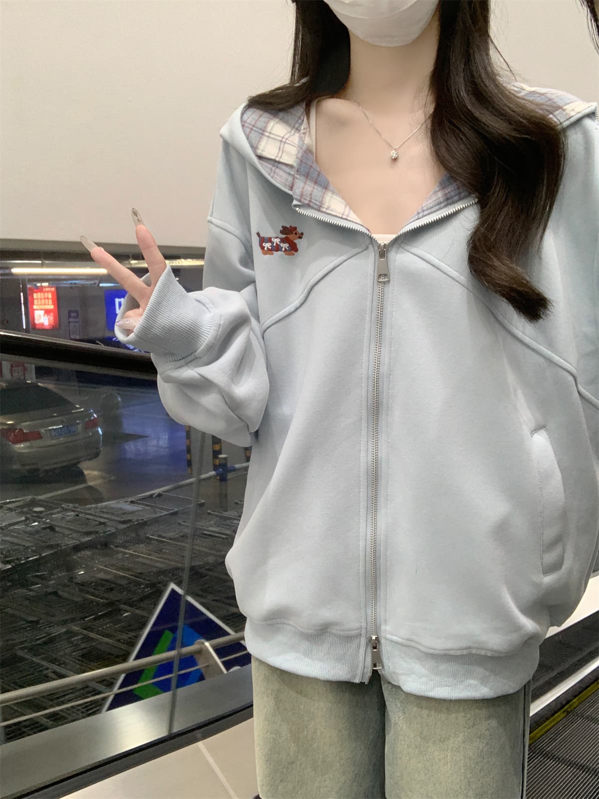 실사 정가 가을 겨울 한국 스타일 캐주얼 루즈핏 연령 감소 강아지 자수 더블 지퍼 후드 카디건 코트 맨위 상세 이미지 4