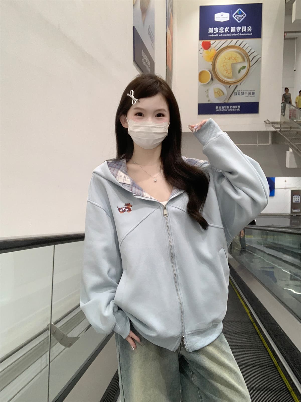 실사 정가 가을 겨울 한국 스타일 캐주얼 루즈핏 연령 감소 강아지 자수 더블 지퍼 후드 카디건 코트 맨위 상세 이미지 5