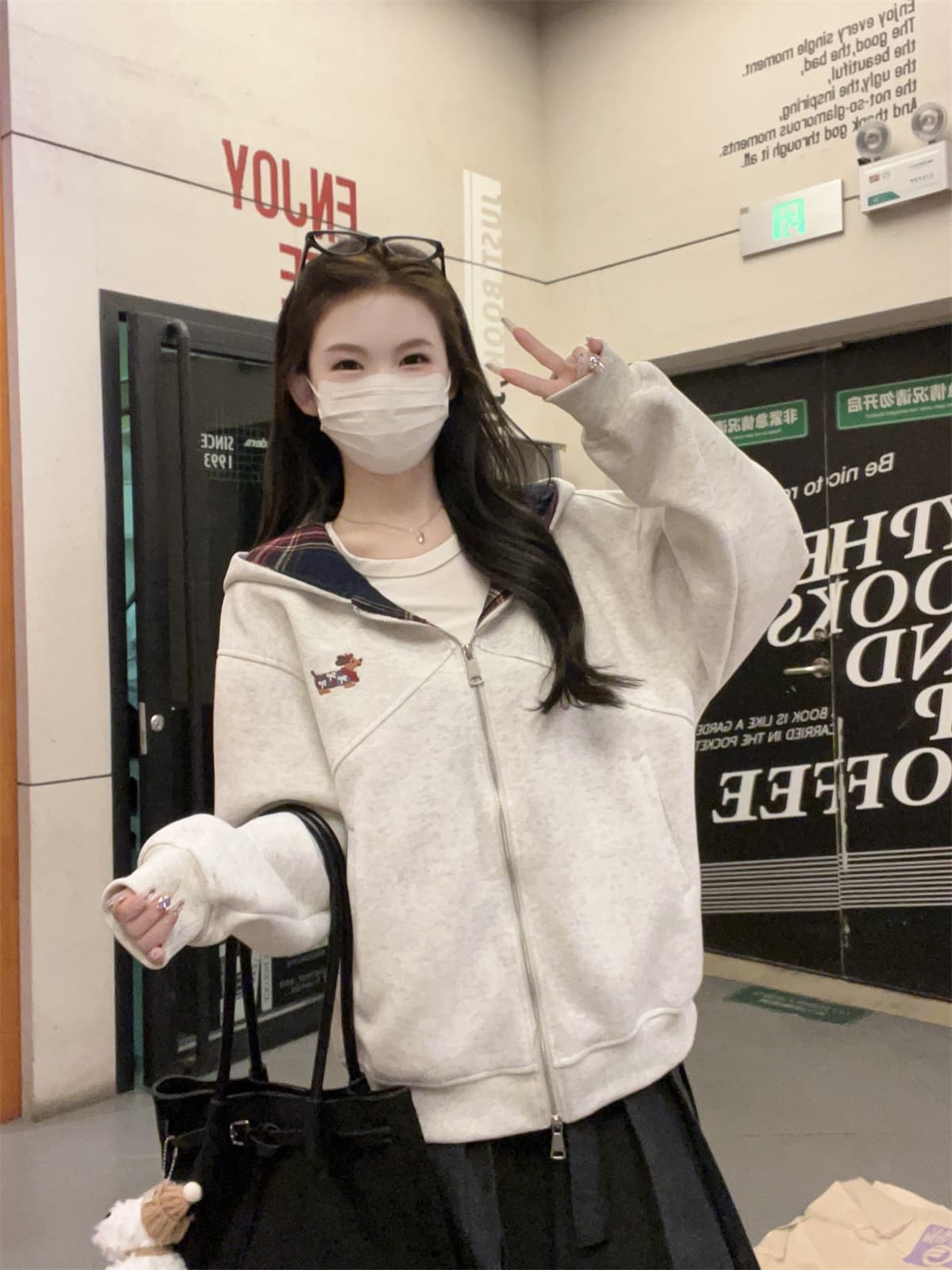 실사 정가 가을 겨울 한국 스타일 캐주얼 루즈핏 연령 감소 강아지 자수 더블 지퍼 후드 카디건 코트 맨위 상세 이미지 21