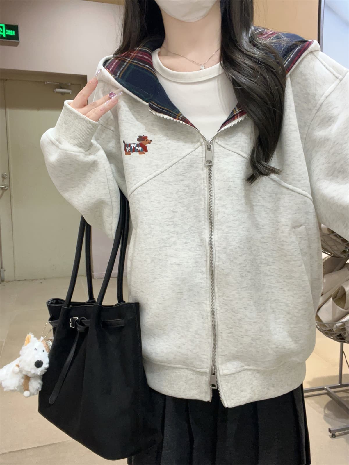 실사 정가 가을 겨울 한국 스타일 캐주얼 루즈핏 연령 감소 강아지 자수 더블 지퍼 후드 카디건 코트 맨위 상세 이미지 26