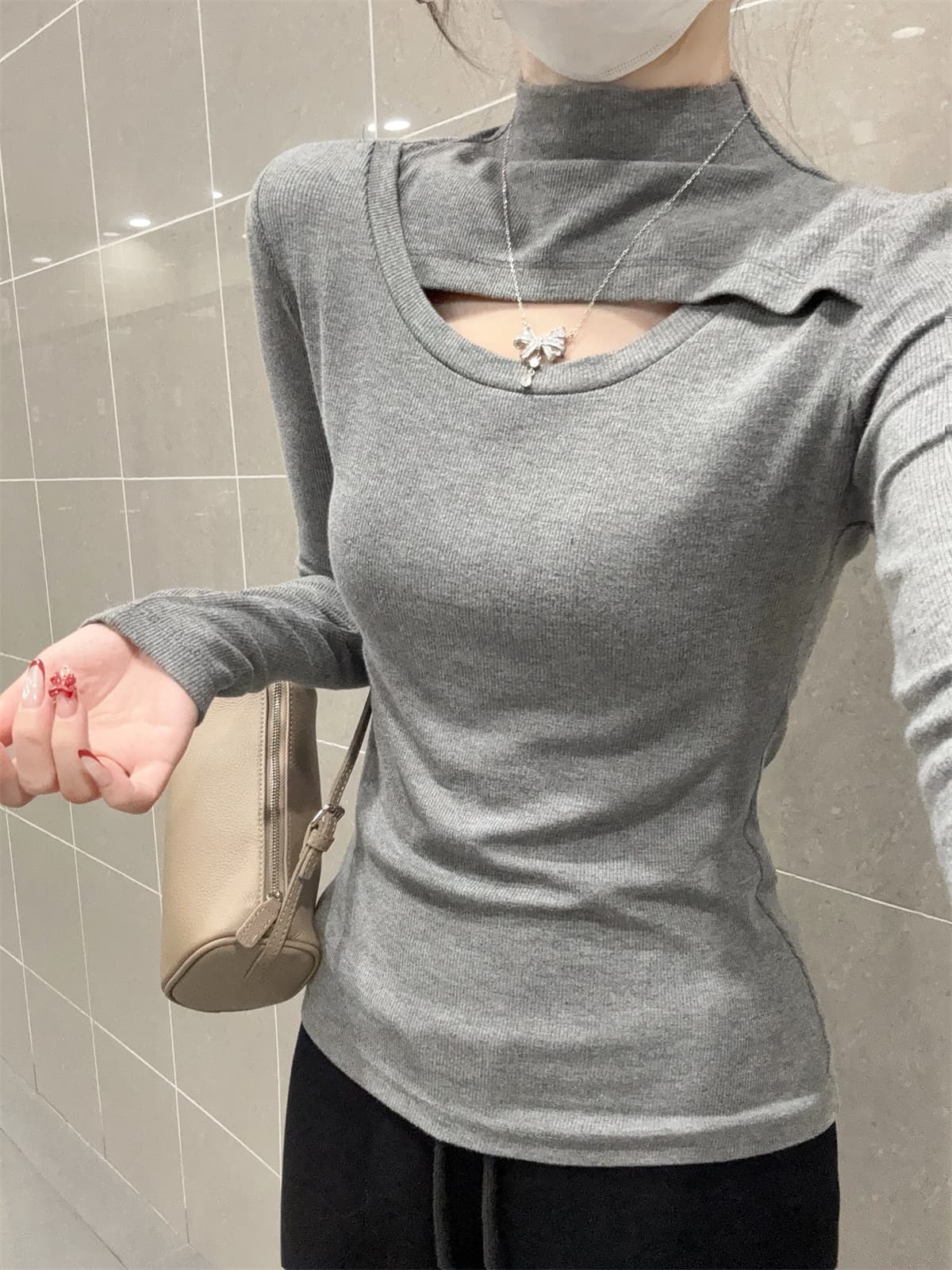 실사 정가 가을 겨울 한국 스타일 품격 몸매 가꾸기 핫걸 홀로우 아웃 반하이넥 긴팔 인사이드 가져 가라. 티셔츠 기본 셔츠 맨위 상세 이미지 34