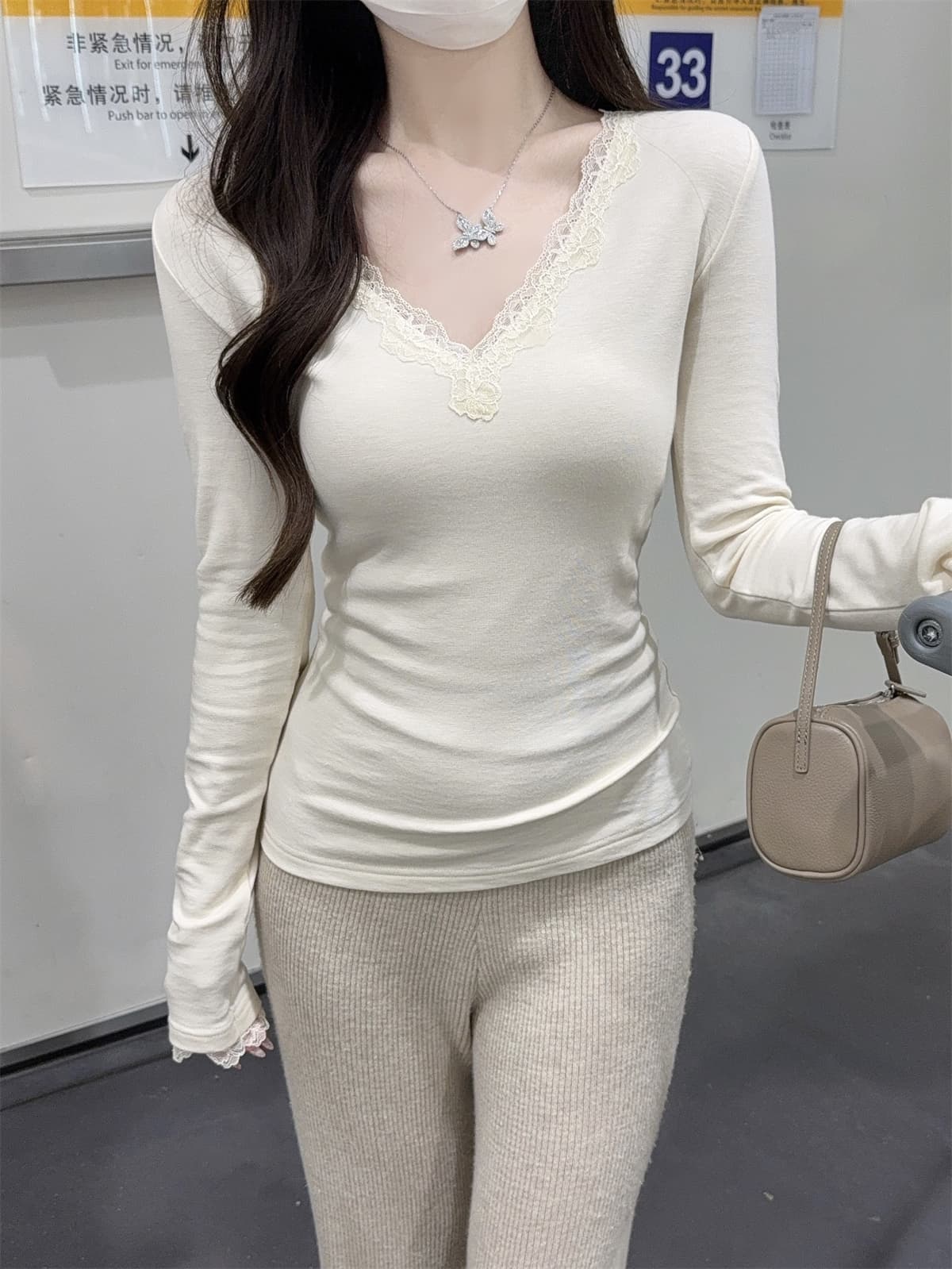 실사 정가 가을 겨울 한국 스타일 순수한 욕망 몸매 가꾸기 핫걸 V넥 양모 인사이드 가져 가라. 긴팔 티셔츠 기본 셔츠 맨위 여성 상세 이미지 10