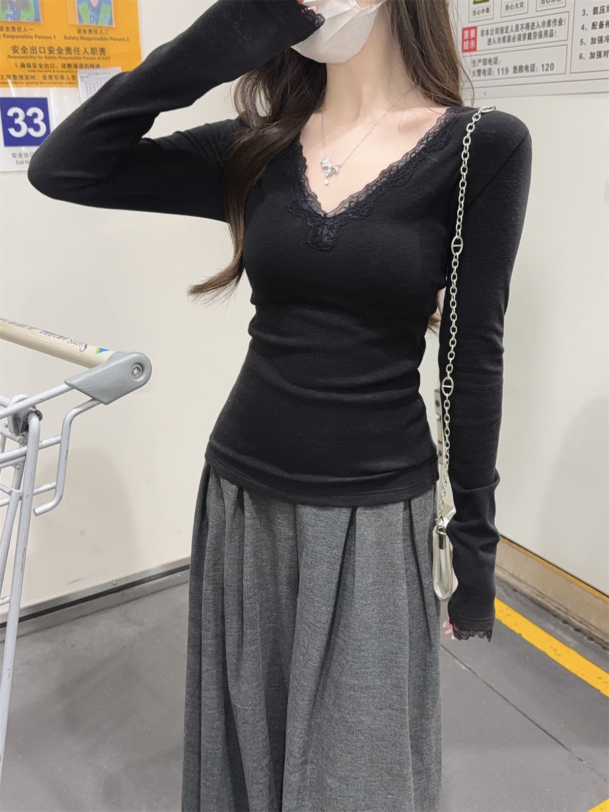 실사 정가 가을 겨울 한국 스타일 순수한 욕망 몸매 가꾸기 핫걸 V넥 양모 인사이드 가져 가라. 긴팔 티셔츠 기본 셔츠 맨위 여성 상세 이미지 25