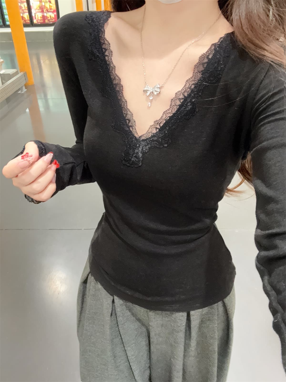 실사 정가 가을 겨울 한국 스타일 순수한 욕망 몸매 가꾸기 핫걸 V넥 양모 인사이드 가져 가라. 긴팔 티셔츠 기본 셔츠 맨위 여성 상세 이미지 27