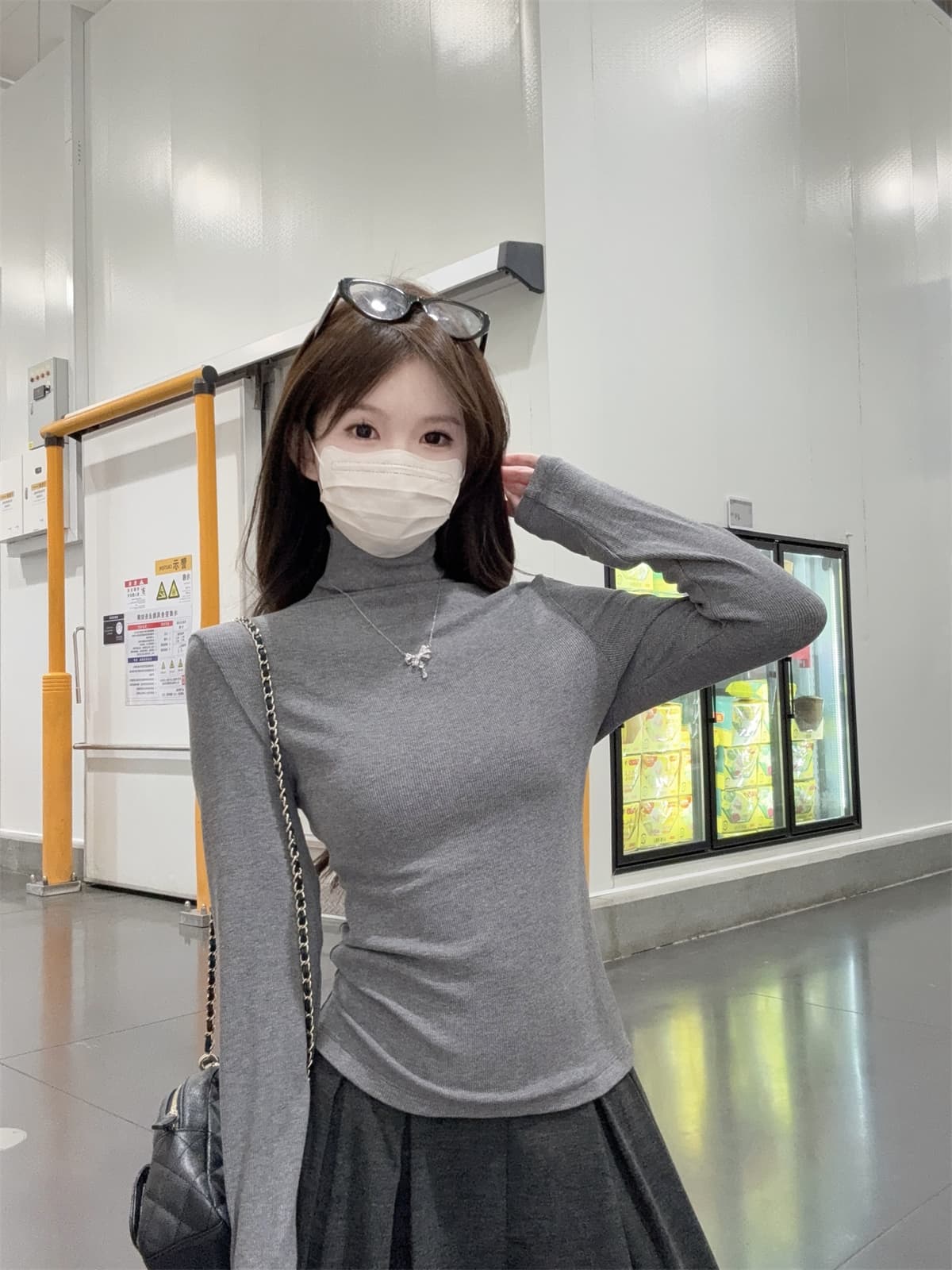 실사 정가 가을 겨울 한국 스타일 반하이넥 부드러운 찹쌀 몸매 가꾸기 단색 기초 인사이드 가져 가라. 긴팔 티셔츠 기본 셔츠 맨위 상세 이미지 7