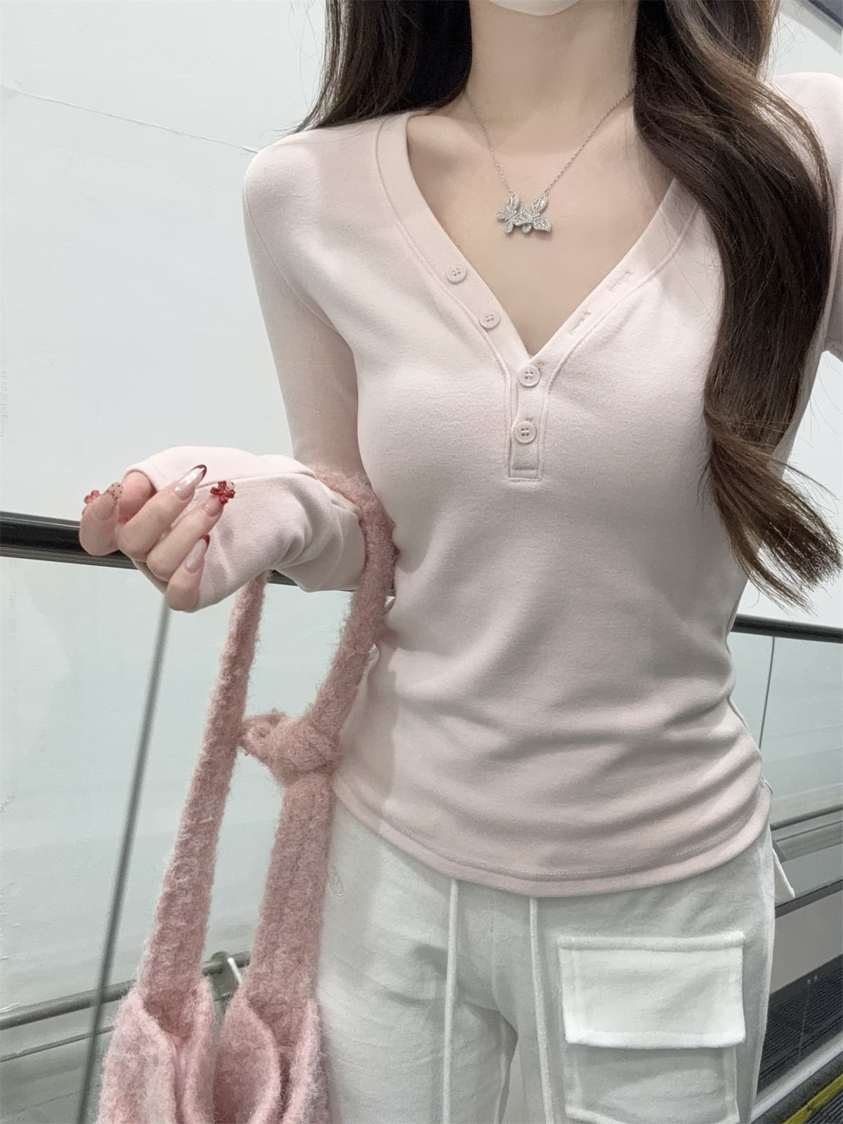 실사 정가 가을 겨울 한국 스타일 몸매 가꾸기 핫걸 V넥 단추 디자인 De 플러시 인사이드 가져 가라. 긴팔 티셔츠 만나는 맨위 상세 이미지 6
