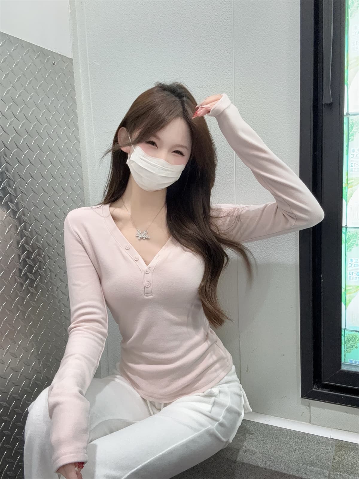 실사 정가 가을 겨울 한국 스타일 몸매 가꾸기 핫걸 V넥 단추 디자인 De 플러시 인사이드 가져 가라. 긴팔 티셔츠 만나는 맨위 상세 이미지 11
