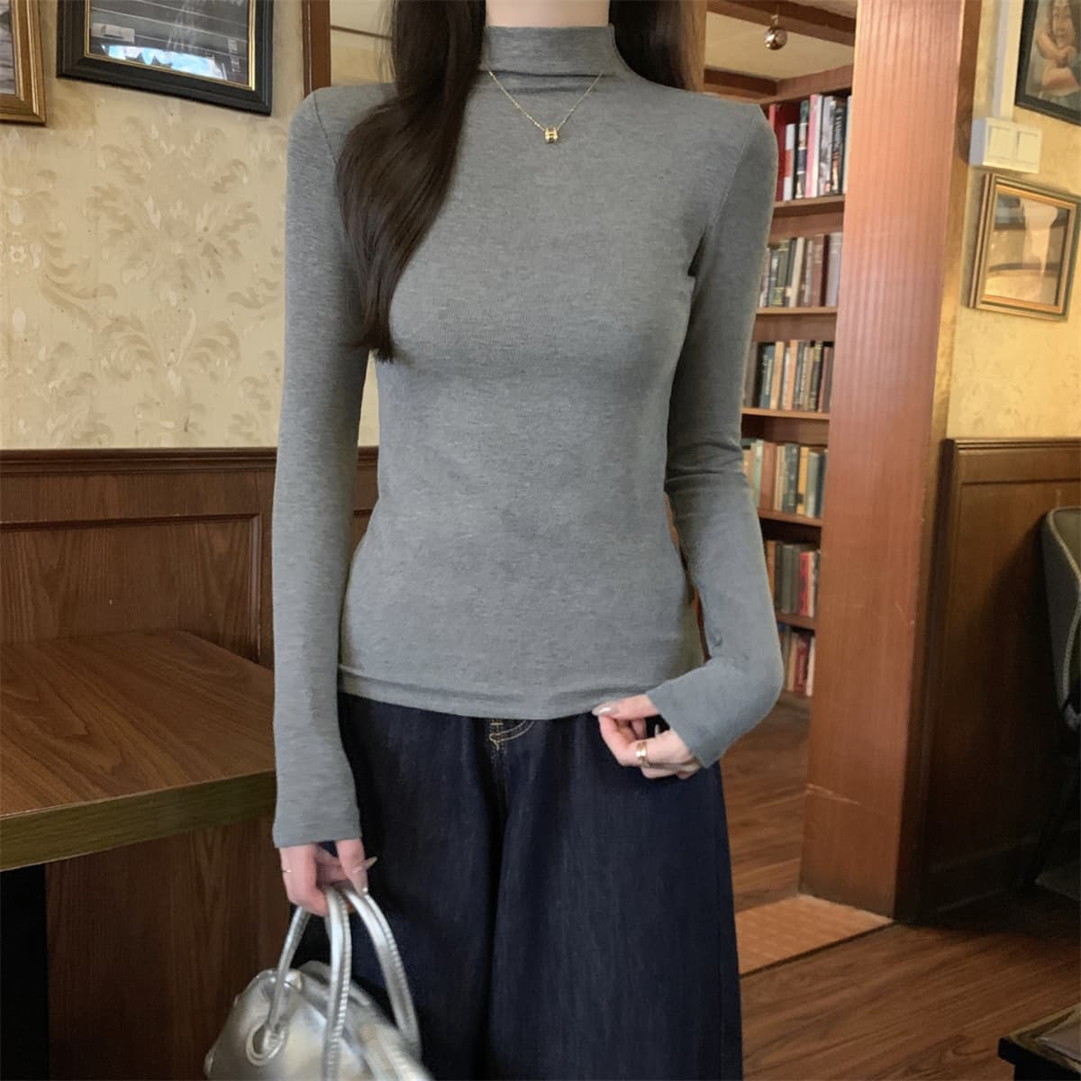 실사 정가 가을 겨울 한국 스타일 품격 몸매 가꾸기 슬림해 보이는 반하이넥 기초 기본 셔츠 인사이드 가져 가라. 긴팔 티셔츠 맨위 이미지 5