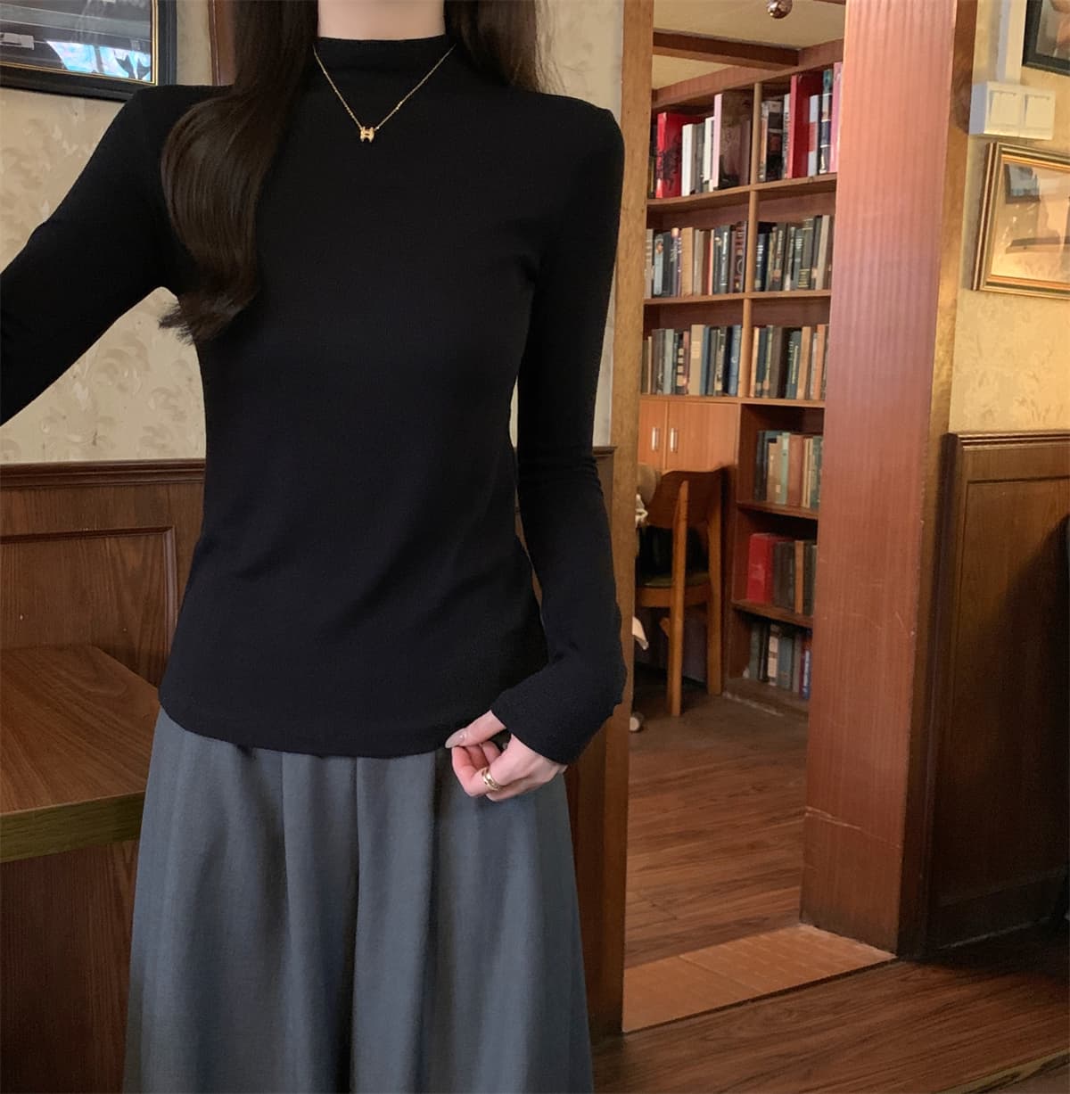 실사 정가 가을 겨울 한국 스타일 품격 몸매 가꾸기 슬림해 보이는 반하이넥 기초 기본 셔츠 인사이드 가져 가라. 긴팔 티셔츠 맨위 이미지 3