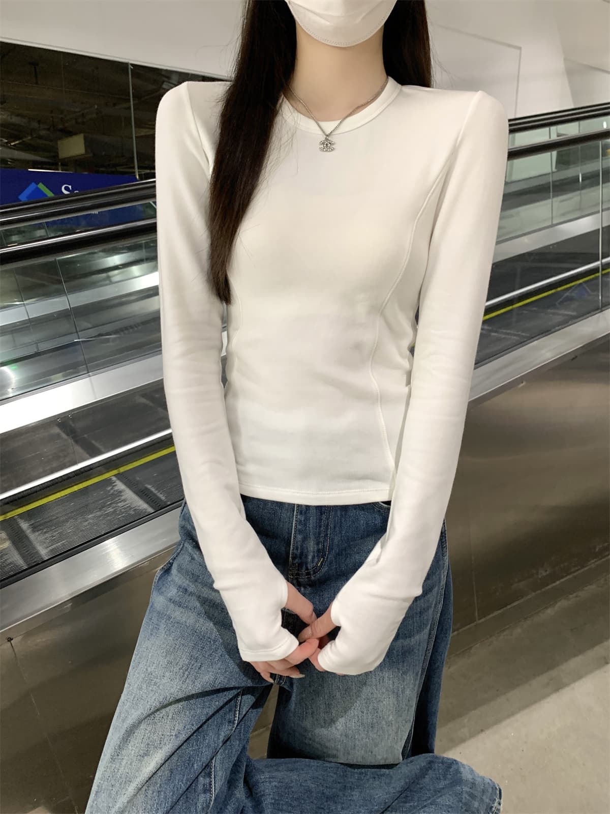 실사 정가 가을 겨울 한국 스타일 품격 생선뼈 허리 수축 라운드 넥 긍정적 인 어깨 양모 연삭 털 인사이드 가져 가라. 긴팔 티셔츠 맨위 상세 이미지 10