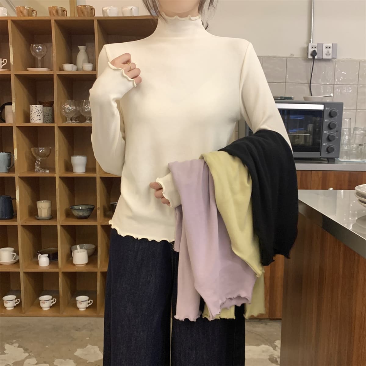 실사 정가 봄 한국 스타일 프릴 반하이넥 몸매 가꾸기 긍정적 인 어깨 양모 인사이드 가져 가라. 긴팔 티셔츠 만나는 맨위 상세 이미지 32
