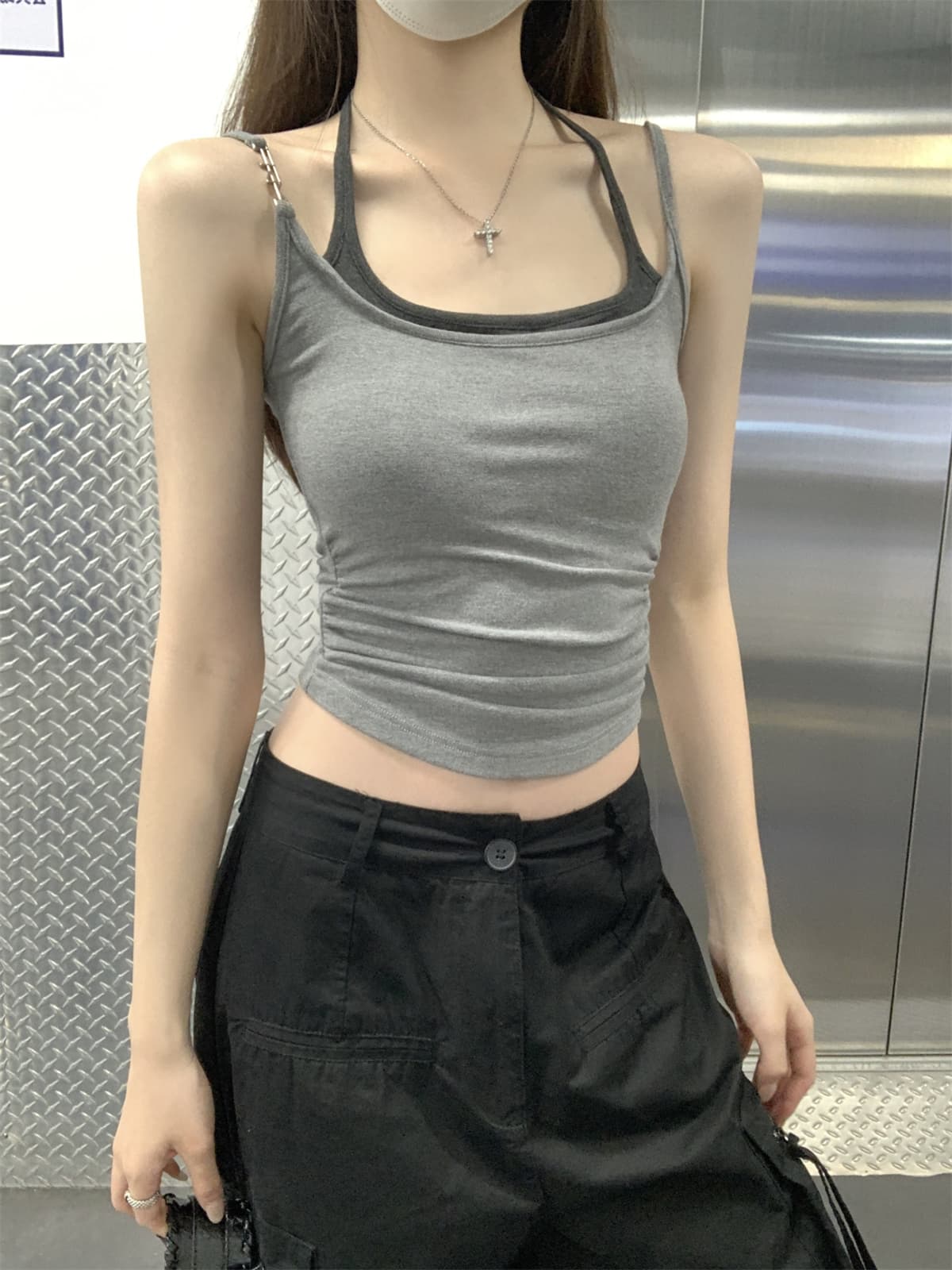 실사 정가 여름 한국 스타일 핫걸 페이크 레이어드 행침 목 레이스업 몸매 가꾸기 슬림해 보이는 만나는 캐미솔 맨위 상세 이미지 29