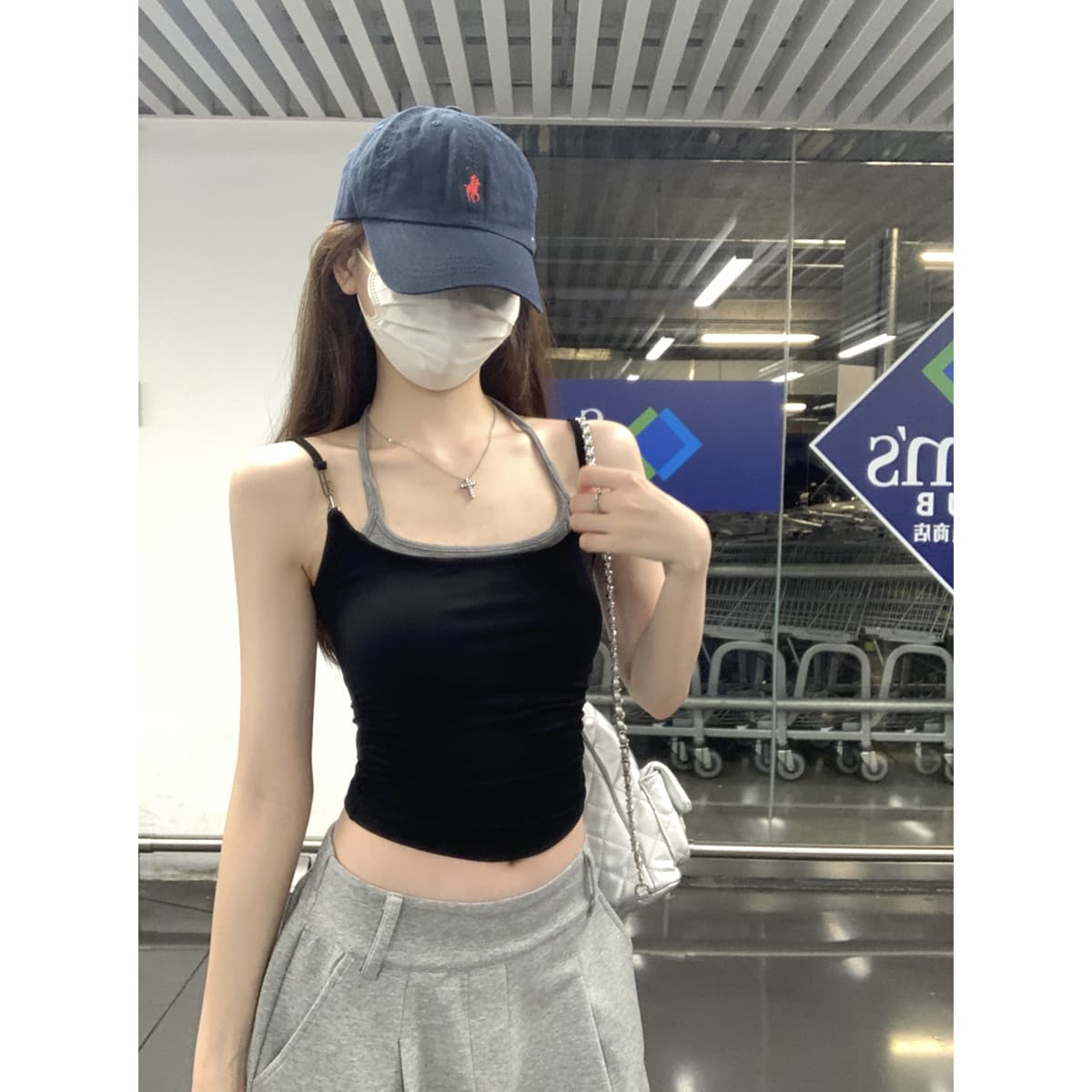 실사 정가 여름 한국 스타일 핫걸 페이크 레이어드 행침 목 레이스업 몸매 가꾸기 슬림해 보이는 만나는 캐미솔 맨위 이미지 4