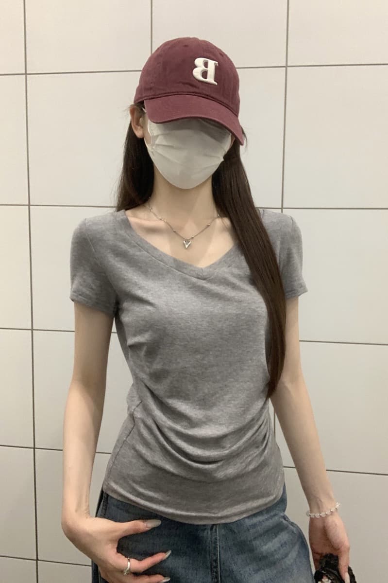 실사 정가 여름 한국 스타일 품격 몸매 가꾸기 핫걸 V넥 주름 허리 수축 라이 경기 서울 반팔 티셔츠 맨위 여성 이미지 7