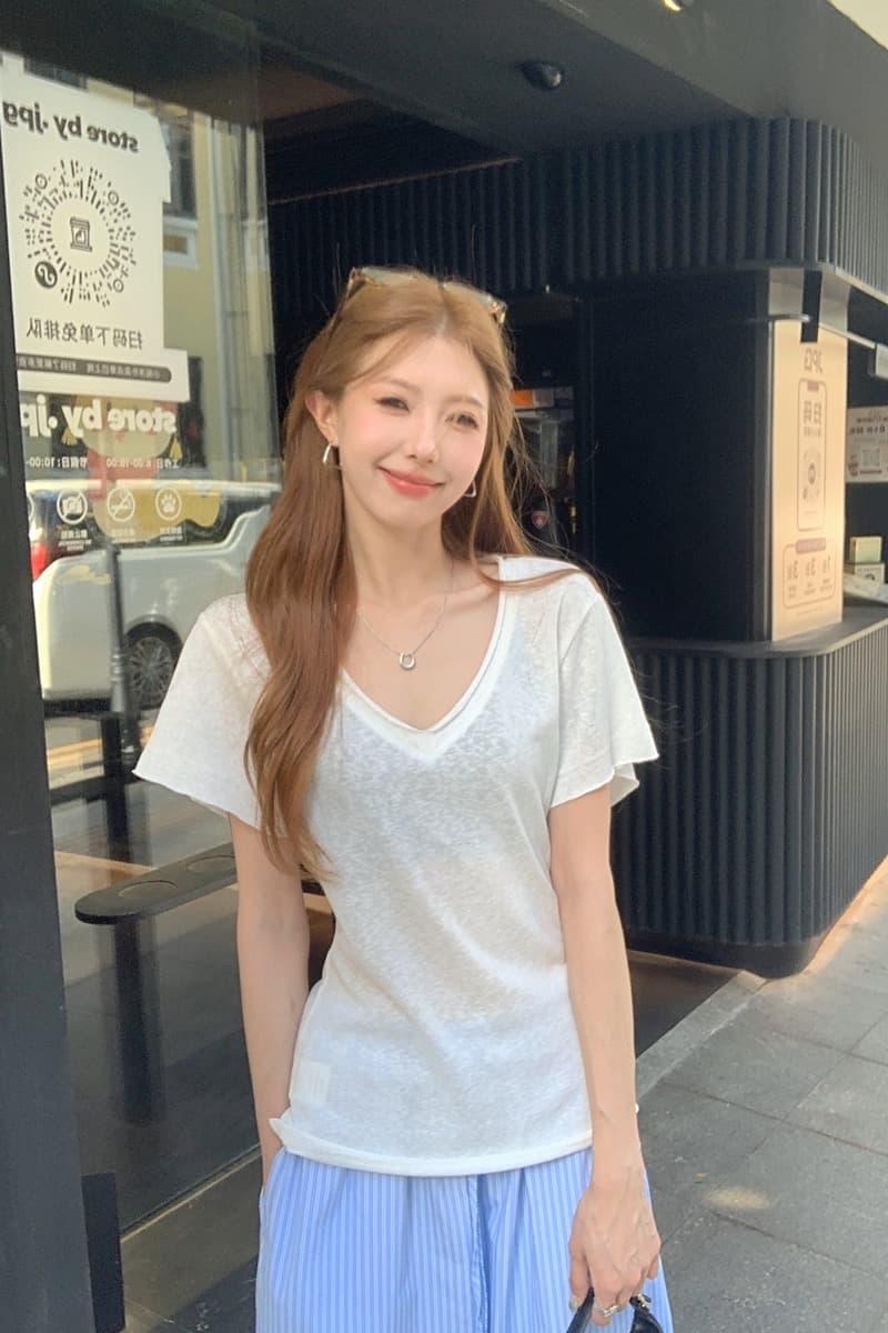 실사 정가 여름 한국 스타일 품격 V넥 얇은 스타일 루즈핏 다용도 슬림해 보이는 눈꽃 면 반팔 티셔츠 맨위 여성 이미지 6