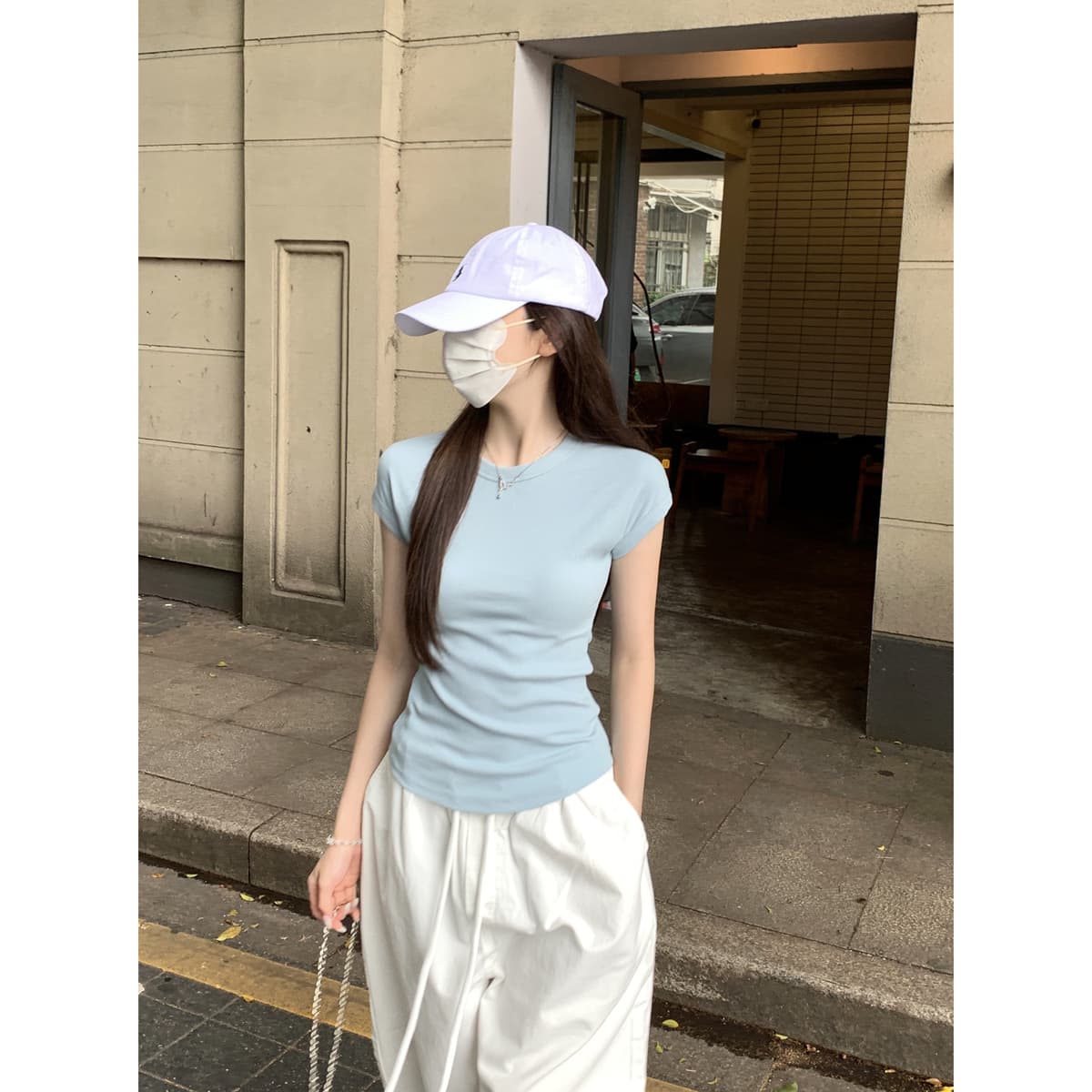 실사 정가 여름 한국 스타일 라운드 넥 몸매 가꾸기 미니멀리즘 다용도 품격 가을 어깨 소매 사탕 색상 반팔 티셔츠 맨위 이미지 5